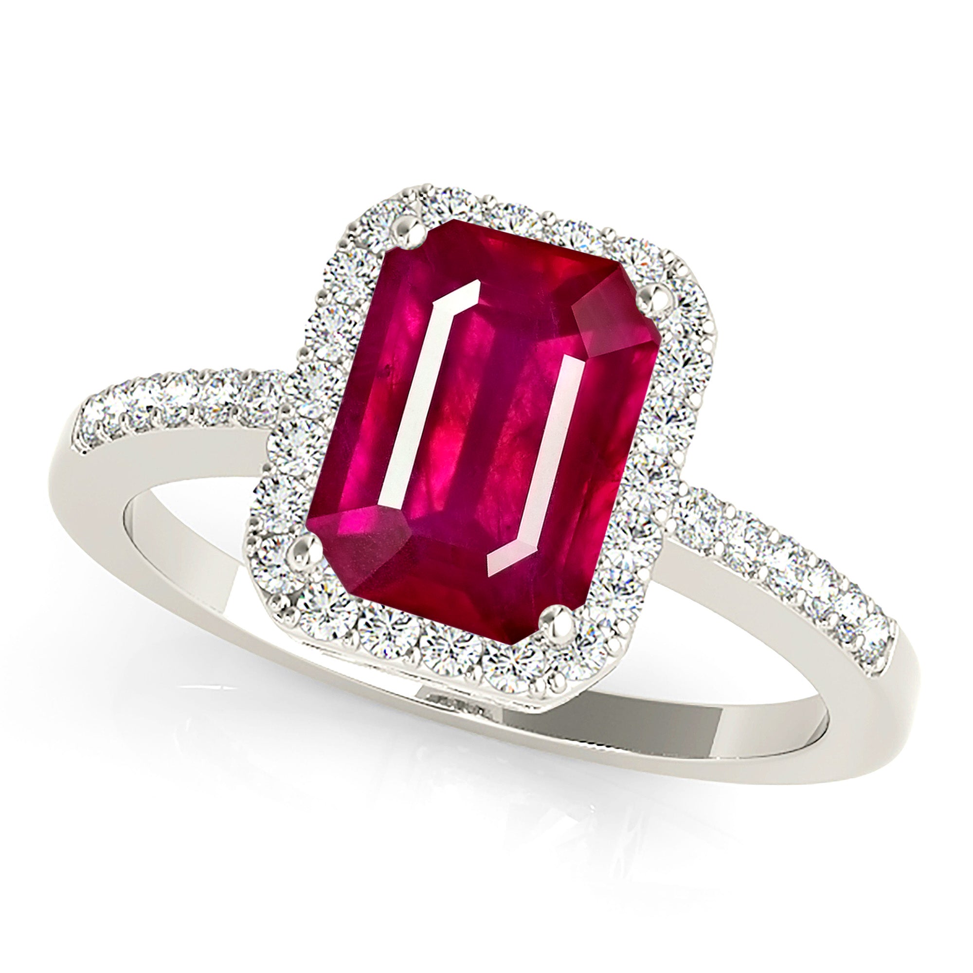 2.30 ct. Genuine Emerald Cut Ruby Ring With 0.25 ctw. Diamond Halo And Delicate Diamond Band-VIRABYANI