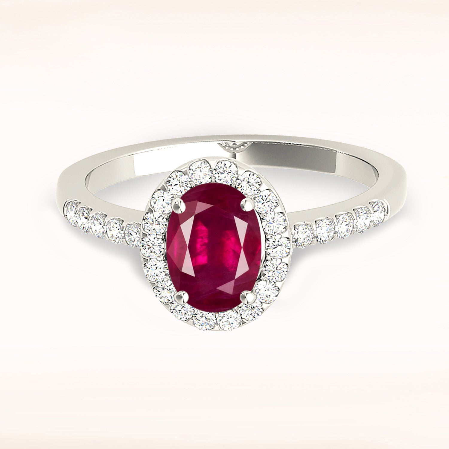1.55 ct. Genuine Oval Ruby Ring With 0.25 ctw. Diamond Halo And Delicate Diamond band-VIRABYANI