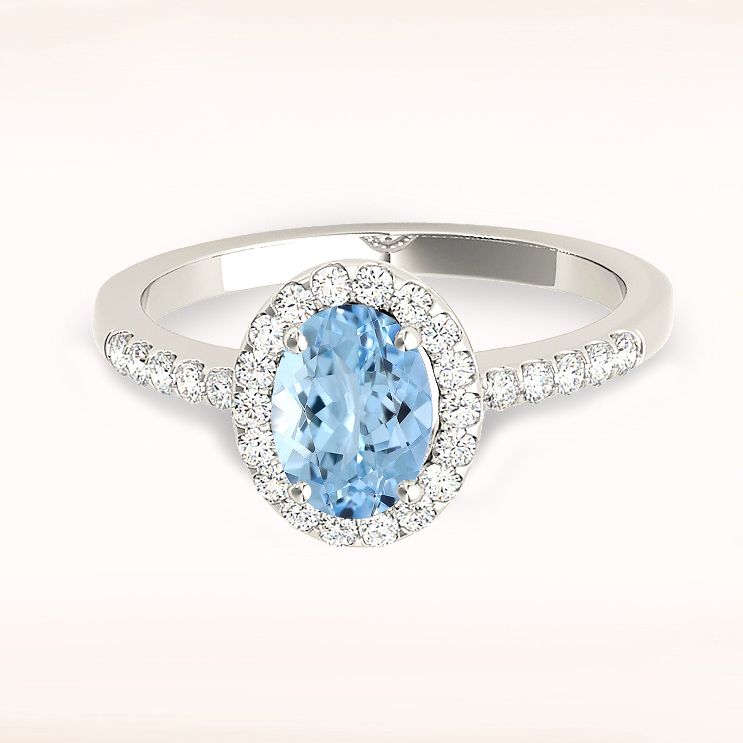 1.27 ct. Genuine Oval Aquamarine Ring With 0.25 ctw. Diamond Halo and Dainty Diamond Band | Oval Blue Aquamarine Halo Ring-VIRABYANI