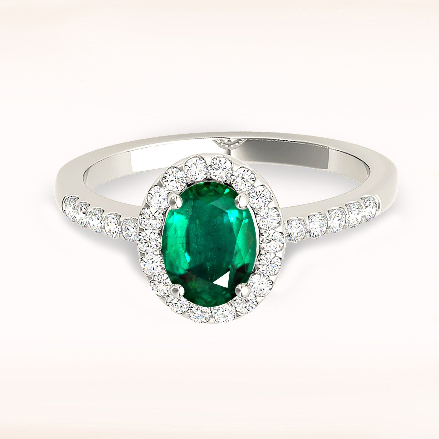 1.30 ct. Genuine Oval Emerald With 0.25 ctw. Diamond Halo, Filigree Basket, Thin Diamond Band-VIRABYANI