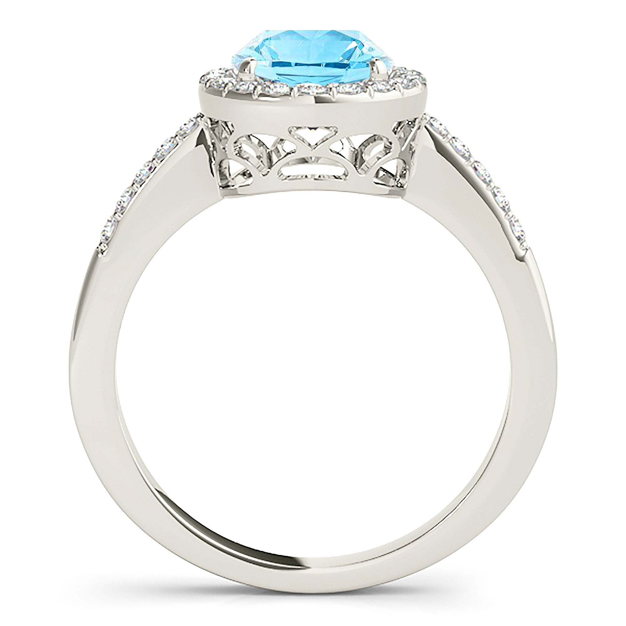 2.00 ct. Genuine Aquamarine Ring With 0.20 ctw. Diamond Halo, Delicate Diamond Band And Hand Carved Basket | Round Blue Aquamarine Halo Ring-VIRABYANI