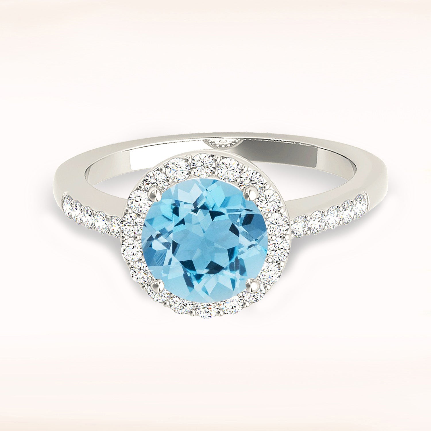 2.00 ct. Genuine Aquamarine Ring With 0.20 ctw. Diamond Halo, Delicate Diamond Band And Hand Carved Basket | Round Blue Aquamarine Halo Ring-VIRABYANI