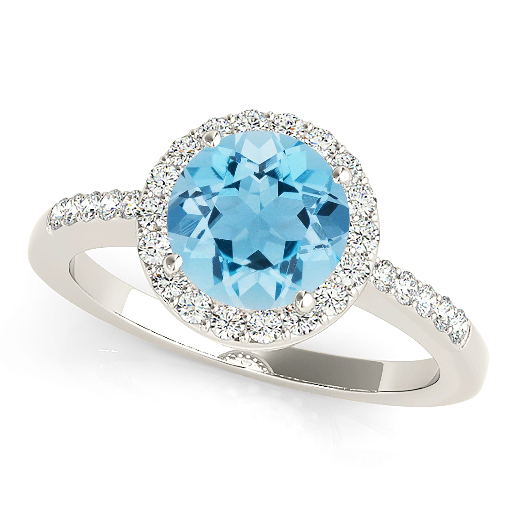 2.00 ct. Genuine Aquamarine Ring With 0.20 ctw. Diamond Halo, Delicate Diamond Band And Hand Carved Basket | Round Blue Aquamarine Halo Ring-VIRABYANI
