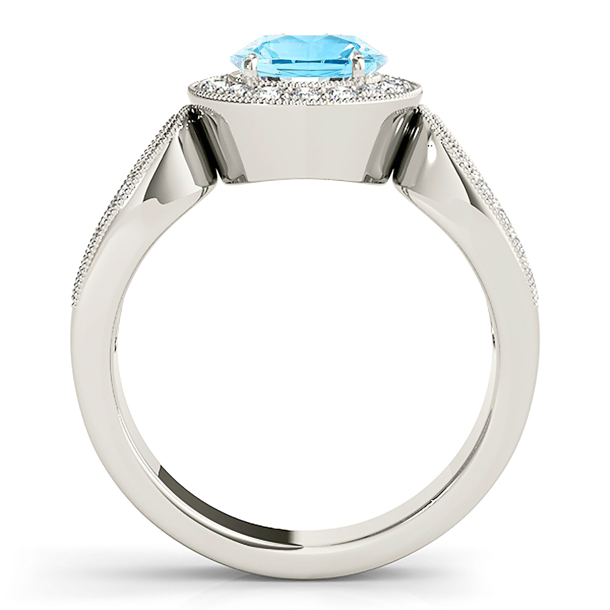 1.75 ct. Genuine Aquamarine Ring With 0.35 ctw. Diamond Milgrain Halo, Open Rounded Diamond Band| Round Blue Aquamarine Halo Ring-VIRABYANI
