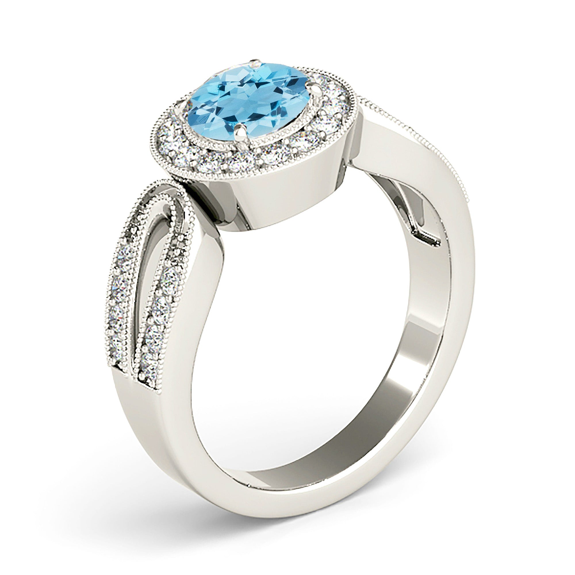 1.75 ct. Genuine Aquamarine Ring With 0.35 ctw. Diamond Milgrain Halo, Open Rounded Diamond Band| Round Blue Aquamarine Halo Ring-VIRABYANI