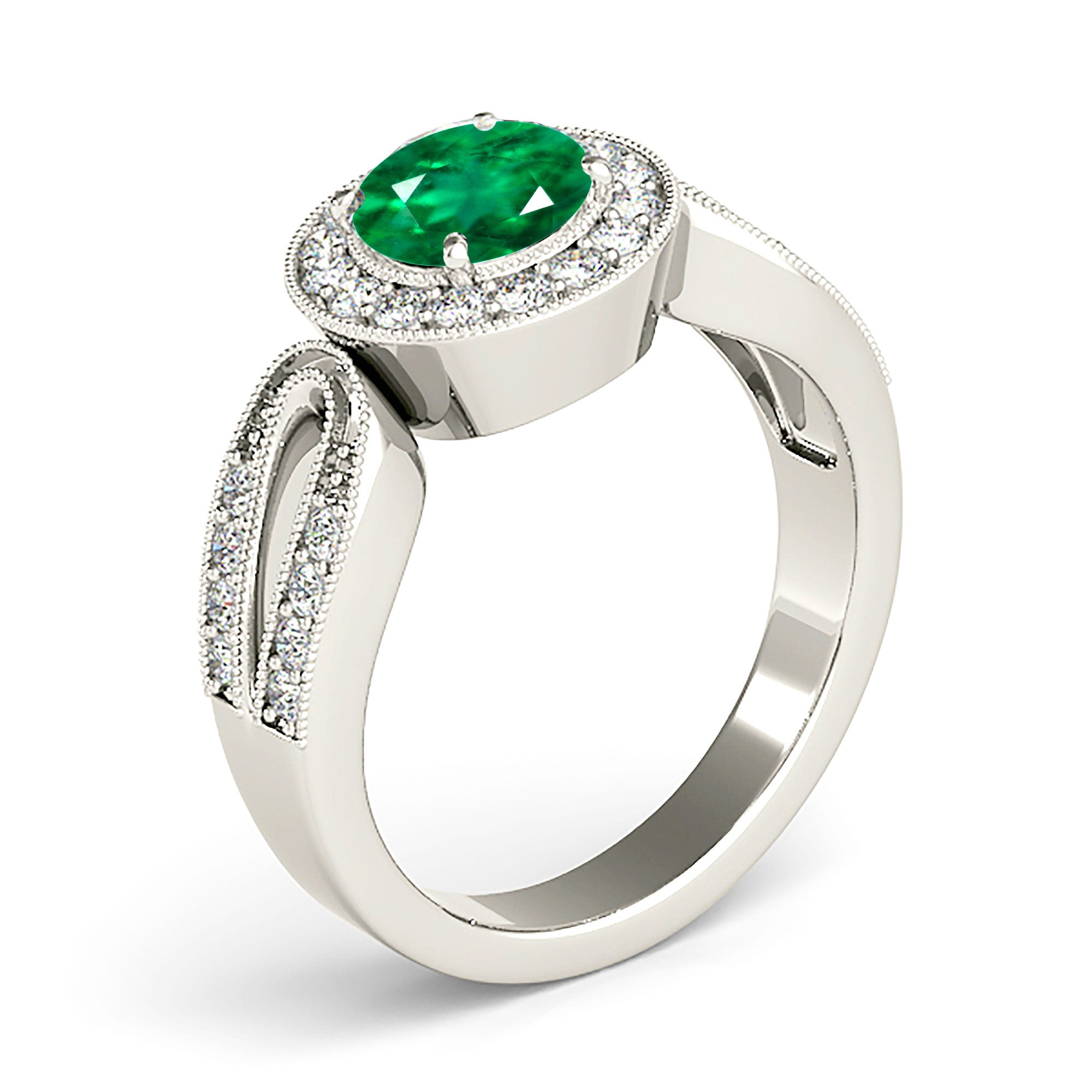 1.75 ct. Genuine Emerald Ring With 0.35 ctw. Diamond Halo,Milgrain Channel Set Diamond Split Band-VIRABYANI