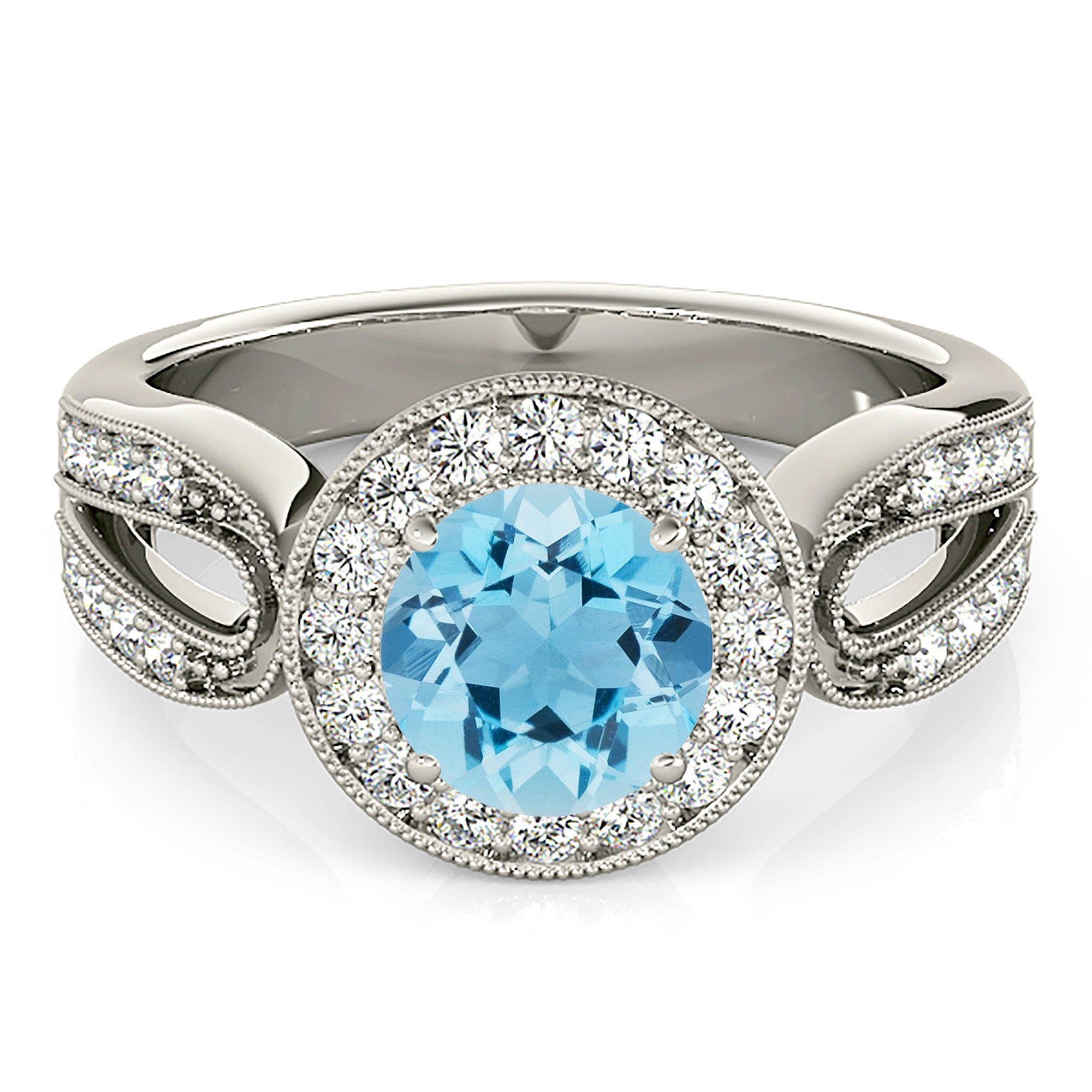 1.75 ct. Genuine Aquamarine Ring With 0.35 ctw. Diamond Milgrain Halo, Open Rounded Diamond Band| Round Blue Aquamarine Halo Ring-VIRABYANI