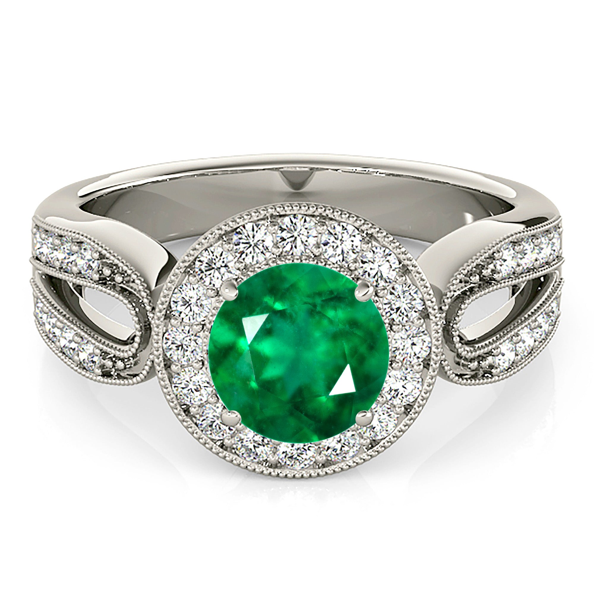 1.75 ct. Genuine Emerald Ring With 0.35 ctw. Diamond Halo,Milgrain Channel Set Diamond Split Band-VIRABYANI