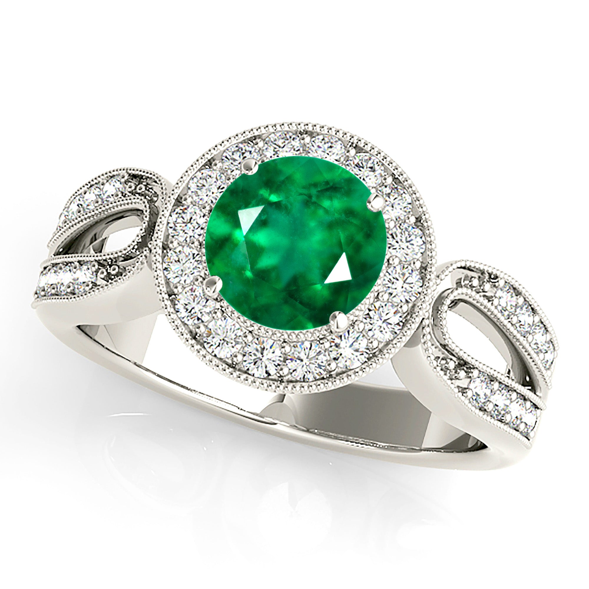 1.75 ct. Genuine Emerald Ring With 0.35 ctw. Diamond Halo,Milgrain Channel Set Diamond Split Band-VIRABYANI