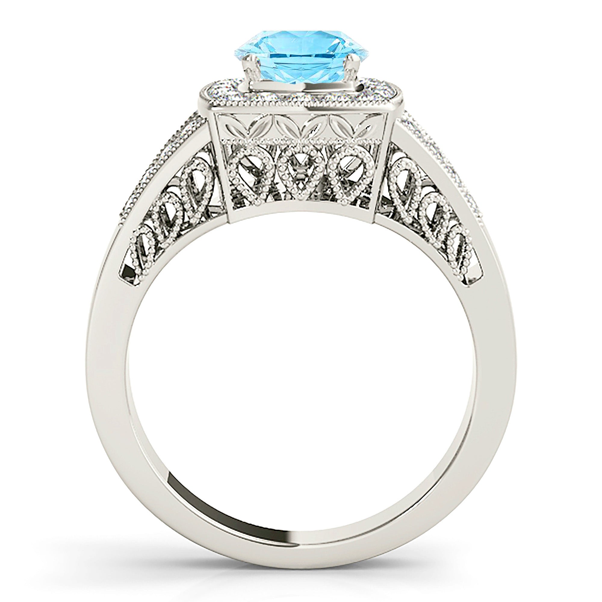 1.63 ct. Genuine Aquamarine Ring With 0.50 ctw. Diamond Cushion Halo And Fancy Filigree Diamond Split Band | Round Blue Aquamarine Halo Ring-VIRABYANI