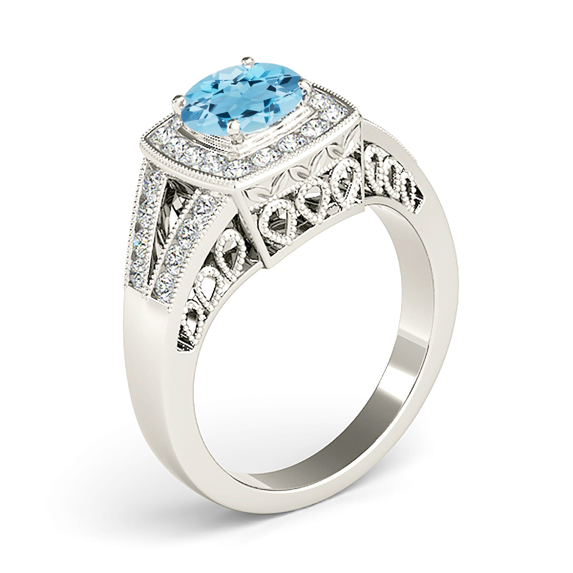1.63 ct. Genuine Aquamarine Ring With 0.50 ctw. Diamond Cushion Halo And Fancy Filigree Diamond Split Band | Round Blue Aquamarine Halo Ring-VIRABYANI