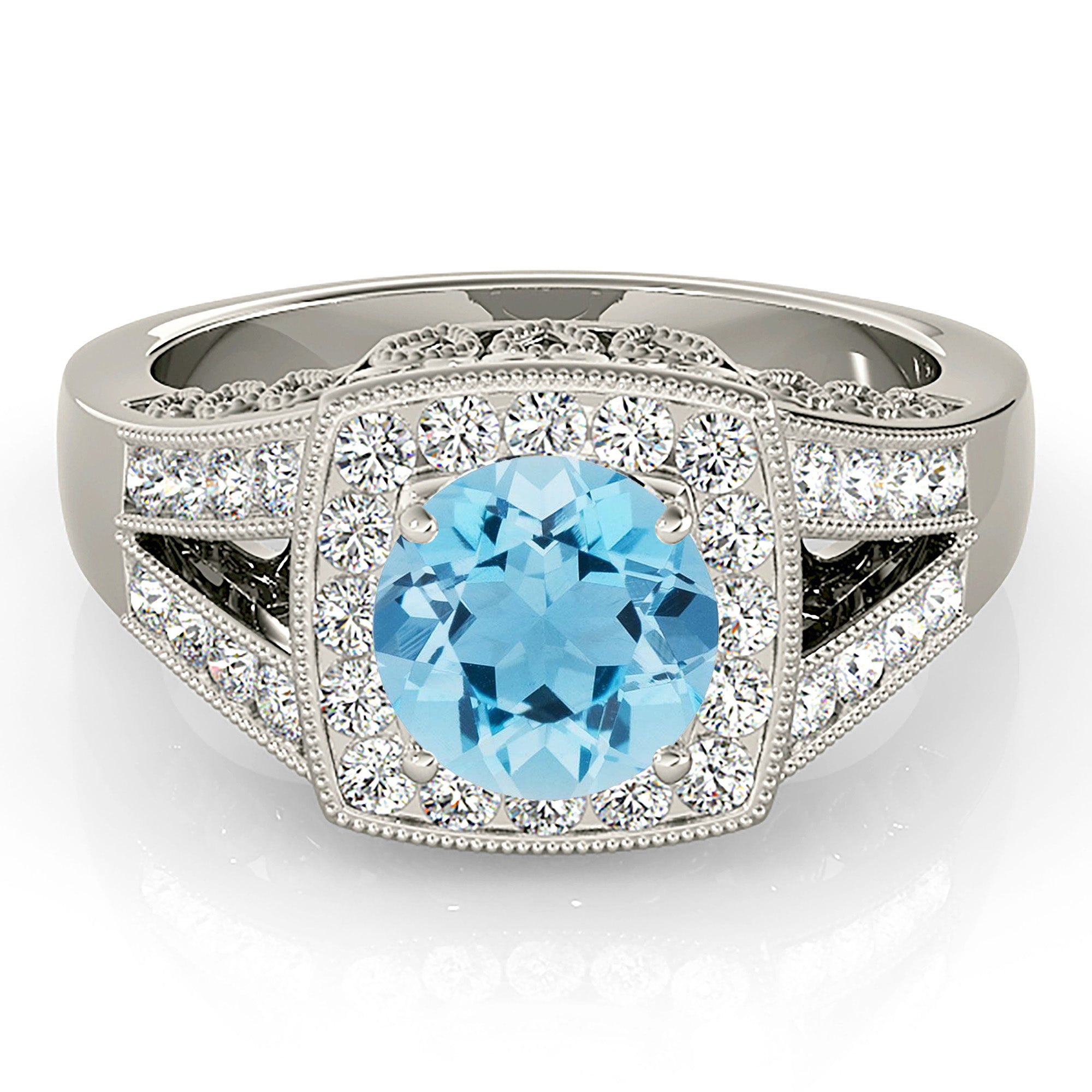 1.63 ct. Genuine Aquamarine Ring With 0.50 ctw. Diamond Cushion Halo And Fancy Filigree Diamond Split Band | Round Blue Aquamarine Halo Ring-VIRABYANI