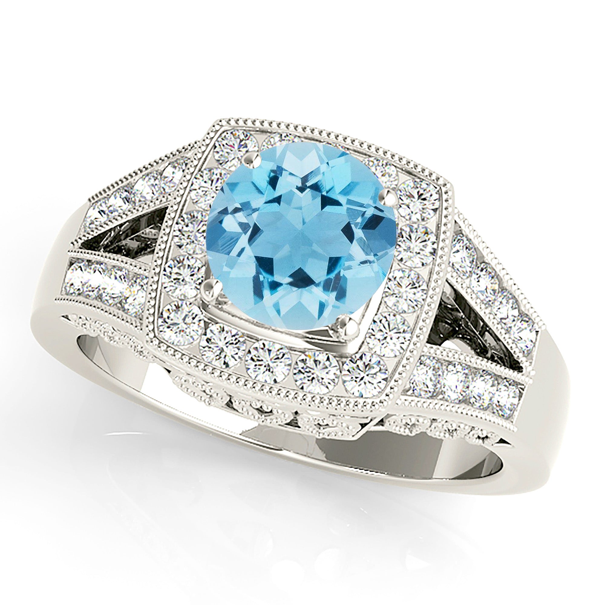1.63 ct. Genuine Aquamarine Ring With 0.50 ctw. Diamond Cushion Halo And Fancy Filigree Diamond Split Band | Round Blue Aquamarine Halo Ring-VIRABYANI