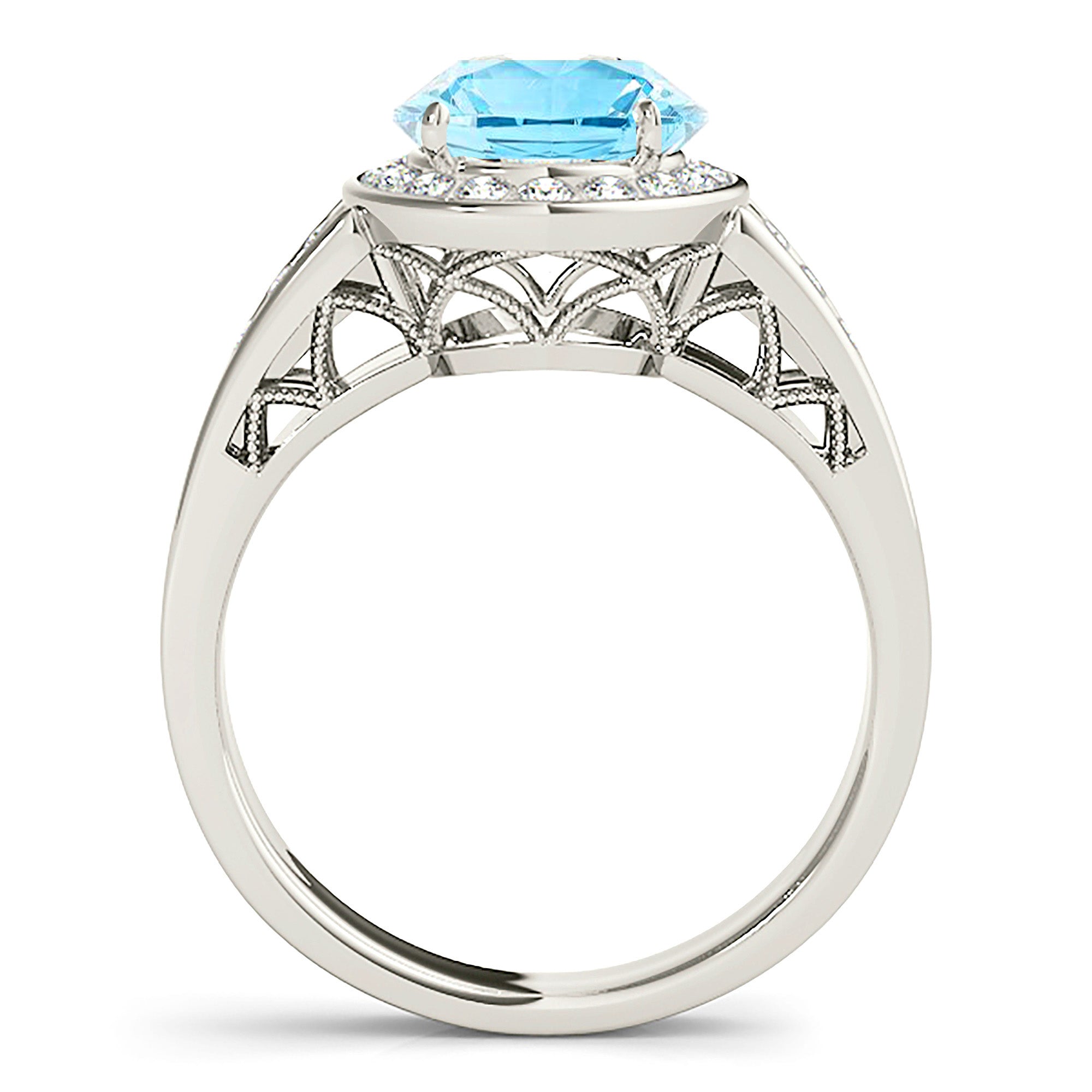 2.00 ct. Genuine Aquamarine Ring With 0.20 ctw. Diamond Bezel Set Halo, Wide Diamond Band, Hand Carved Basket | Blue Aquamarine Halo Ring-VIRABYANI