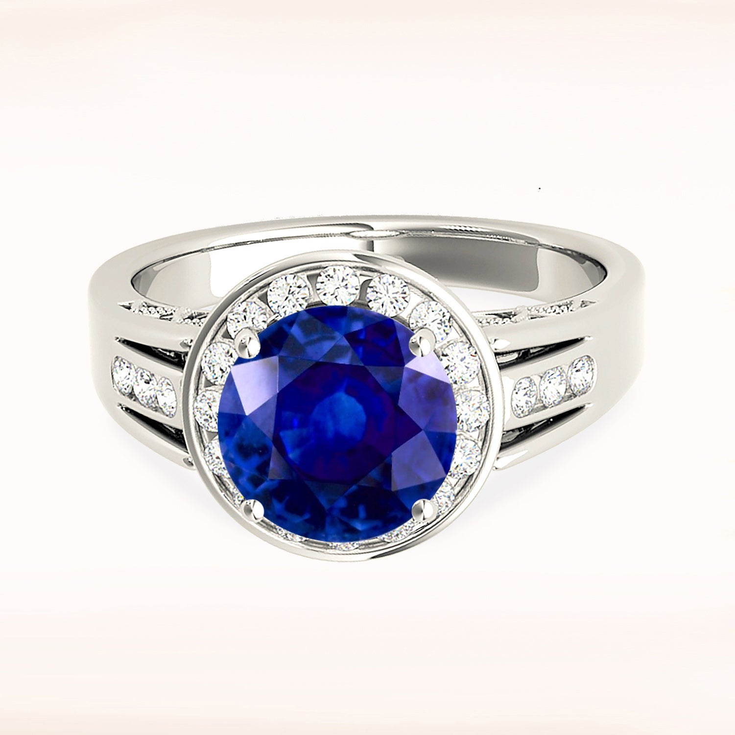 2.41 ct. Genuine Blue Sapphire Halo Ring With 0.20 ctw. Side Diamonds-VIRABYANI