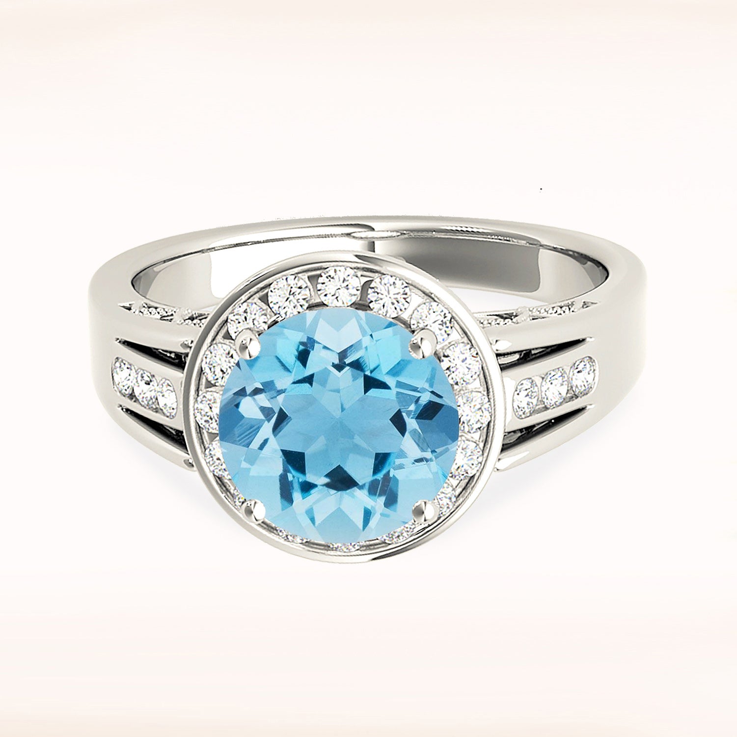 2.00 ct. Genuine Aquamarine Ring With 0.20 ctw. Diamond Bezel Set Halo, Wide Diamond Band, Hand Carved Basket | Blue Aquamarine Halo Ring-VIRABYANI