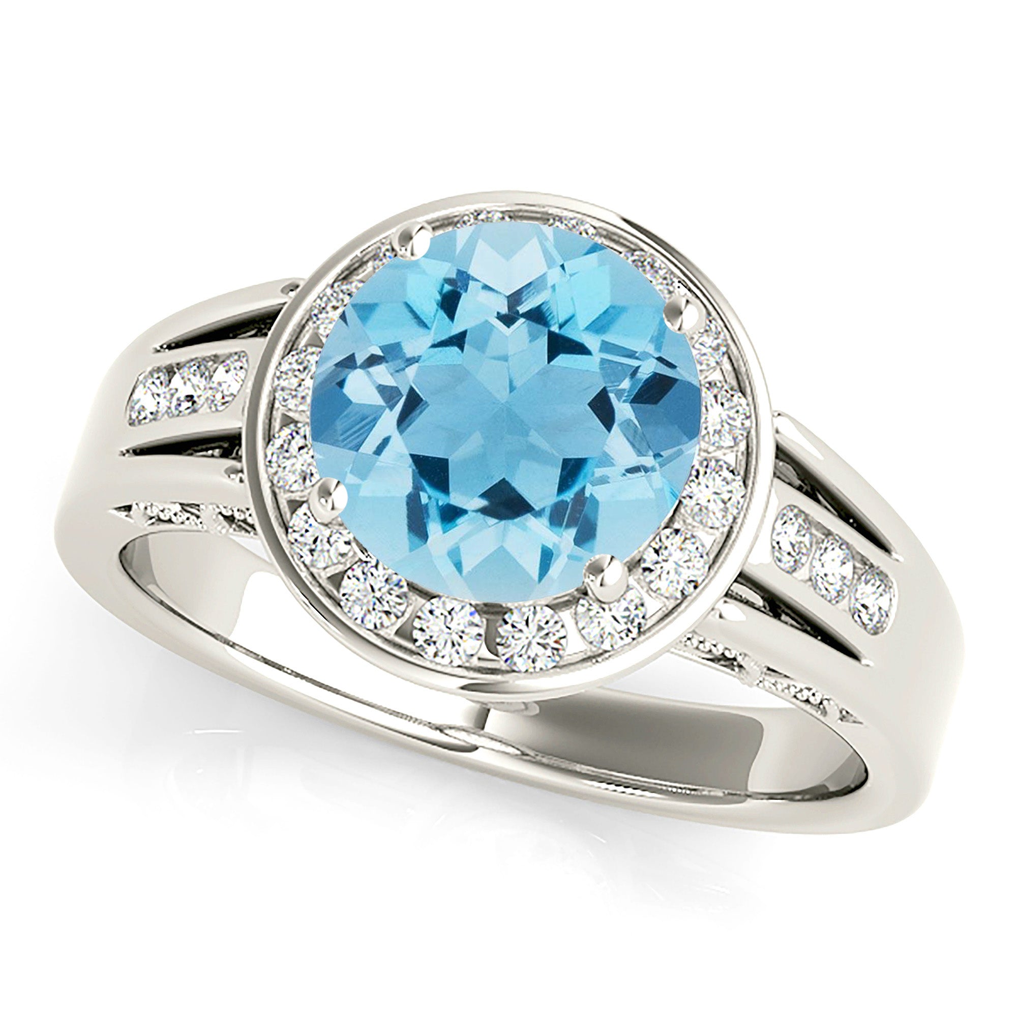 2.00 ct. Genuine Aquamarine Ring With 0.20 ctw. Diamond Bezel Set Halo, Wide Diamond Band, Hand Carved Basket | Blue Aquamarine Halo Ring-VIRABYANI