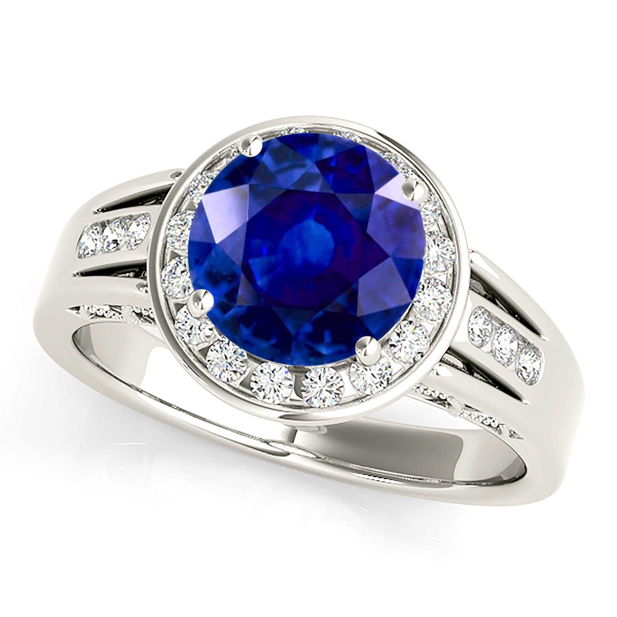 2.41 ct. Genuine Blue Sapphire Halo Ring With 0.20 ctw. Side Diamonds-VIRABYANI