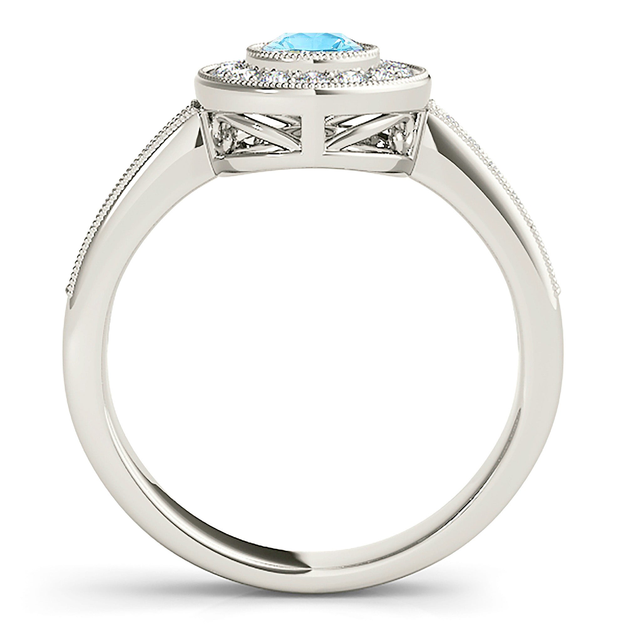 1.00 ct. Genuine Aquamarine Ring With 0.25 ctw. Diamond Milgrain Bezel Halo And Delicate Diamond Band | Round Blue Aquamarine Halo Ring-VIRABYANI