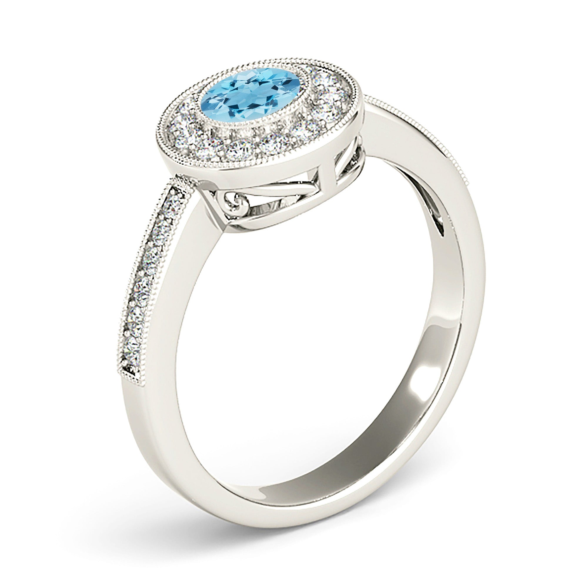 1.00 ct. Genuine Aquamarine Ring With 0.25 ctw. Diamond Milgrain Bezel Halo And Delicate Diamond Band | Round Blue Aquamarine Halo Ring-VIRABYANI