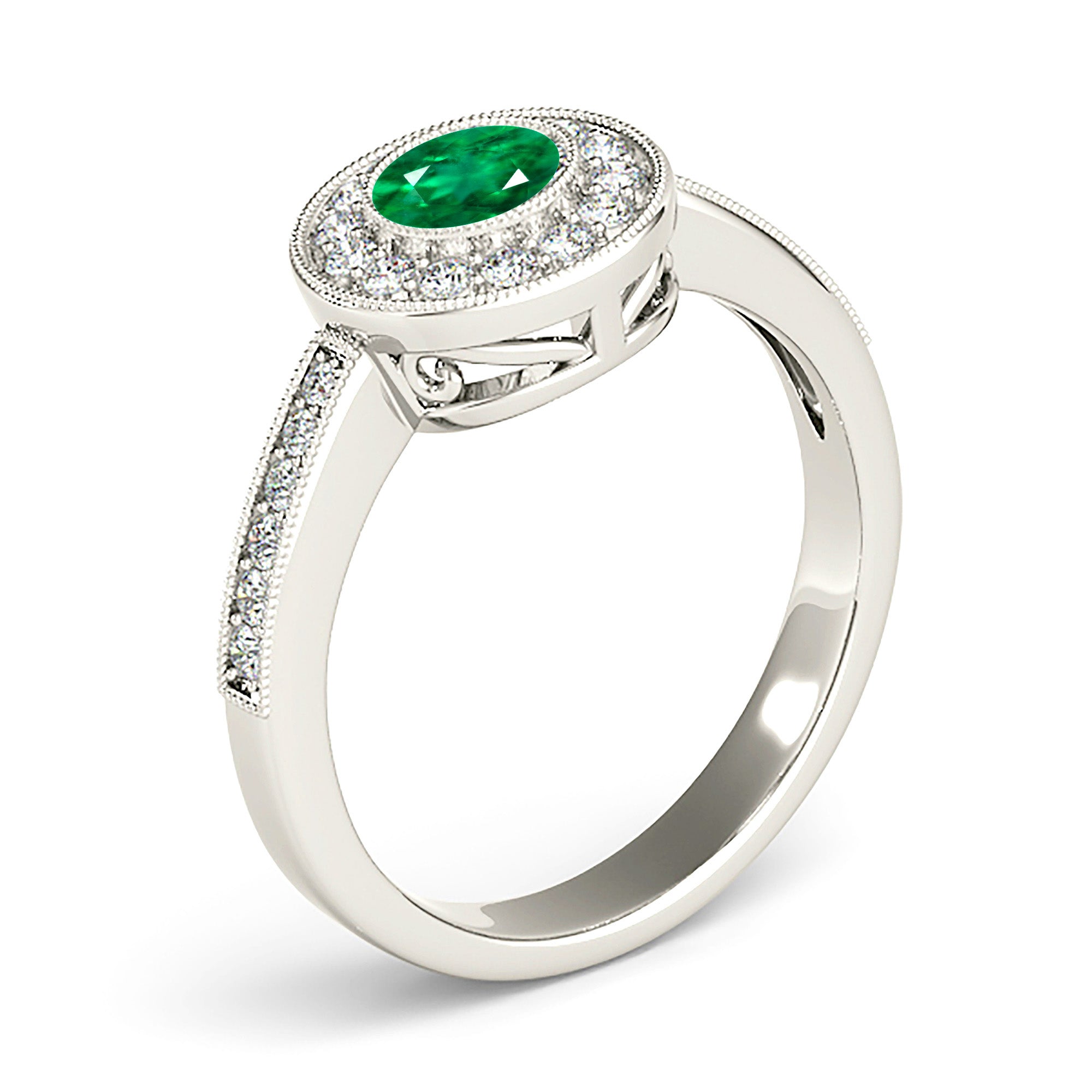 1.00 ct. Genuine Emerald Ring With 0.25 ctw. Channel Set Halo And Delicate Band, Milgrain design-VIRABYANI