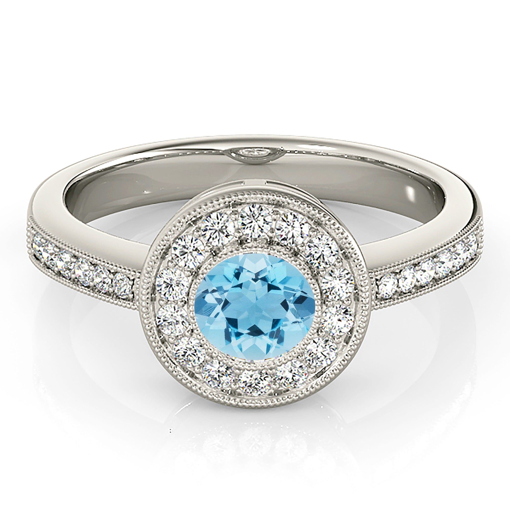 1.00 ct. Genuine Aquamarine Ring With 0.25 ctw. Diamond Milgrain Bezel Halo And Delicate Diamond Band | Round Blue Aquamarine Halo Ring-in 14K/18K White, Yellow, Rose Gold and Platinum - Christmas Jewelry Gift -VIRABYANI