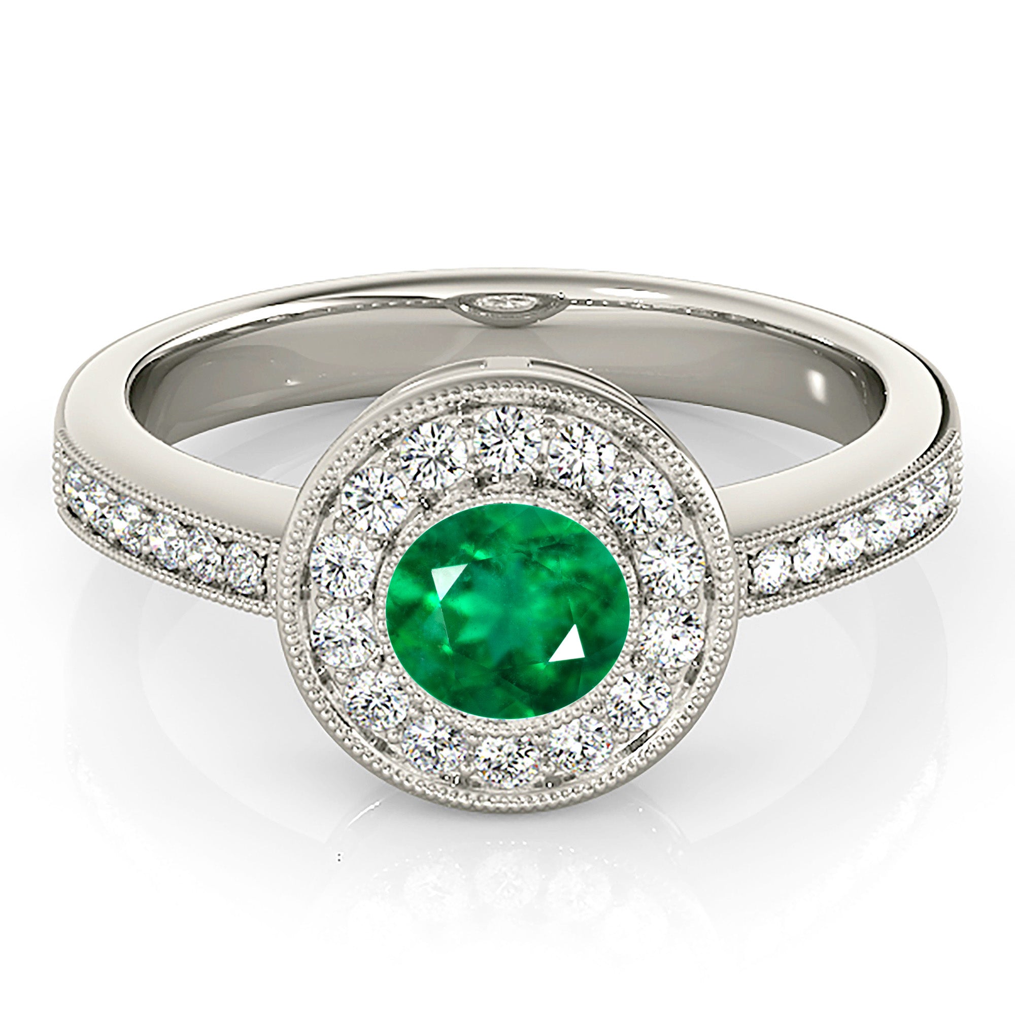 1.00 ct. Genuine Emerald Ring With 0.25 ctw. Channel Set Halo And Delicate Band, Milgrain design-VIRABYANI
