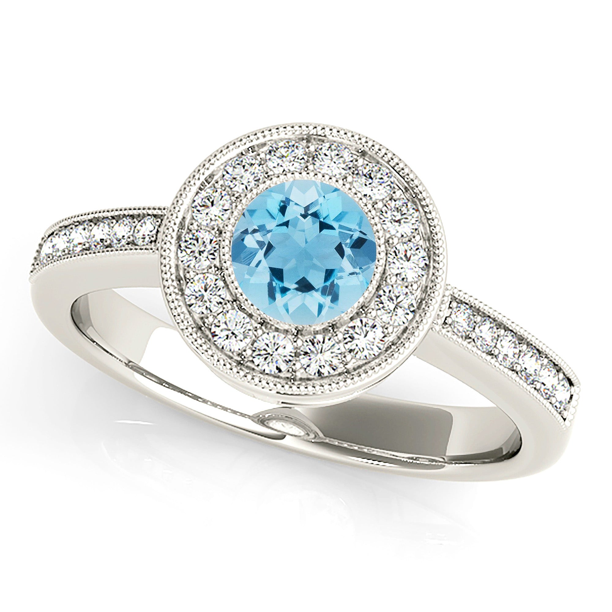 1.00 ct. Genuine Aquamarine Ring With 0.25 ctw. Diamond Milgrain Bezel Halo And Delicate Diamond Band | Round Blue Aquamarine Halo Ring-VIRABYANI