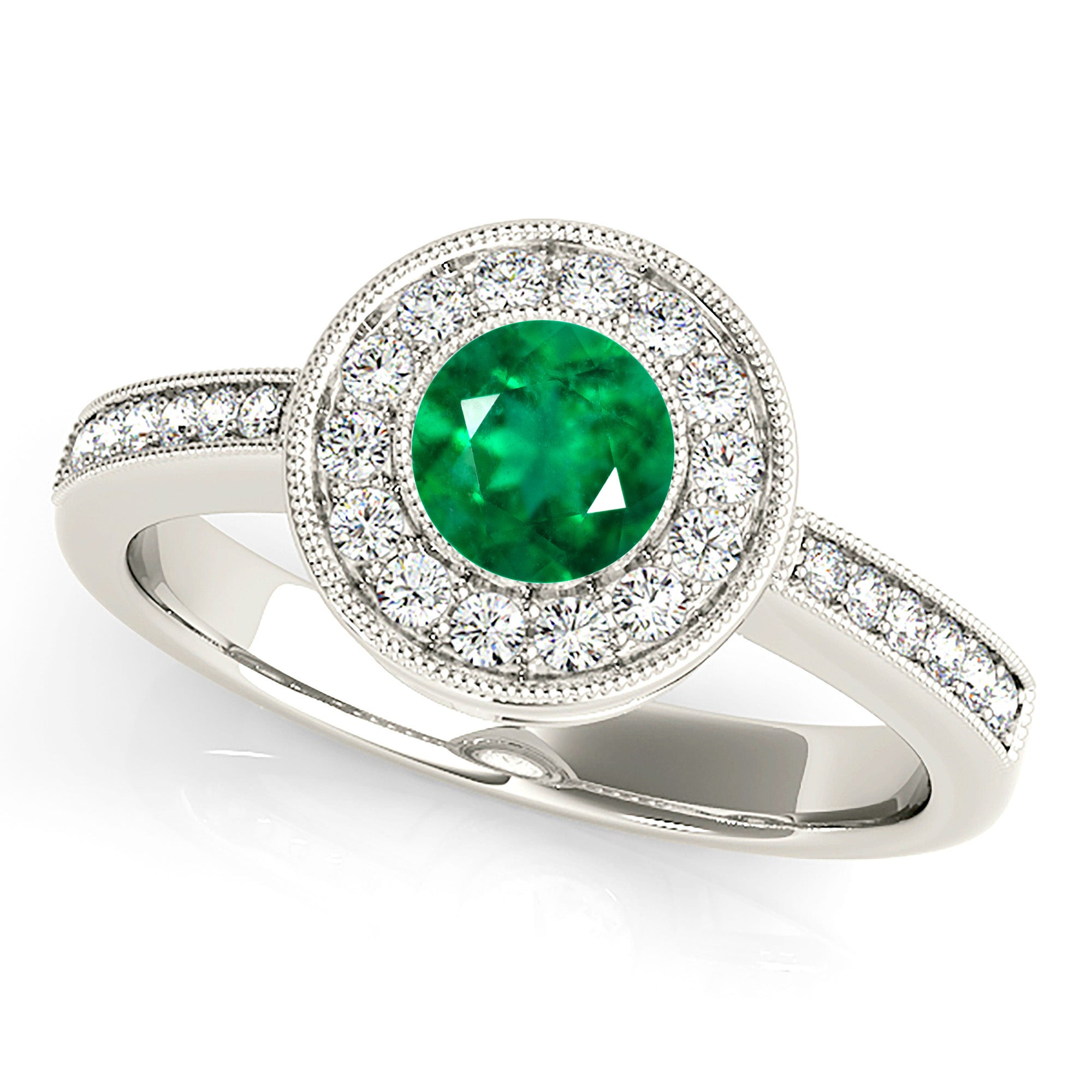 1.00 ct. Genuine Emerald Ring With 0.25 ctw. Channel Set Halo And Delicate Band, Milgrain design-VIRABYANI