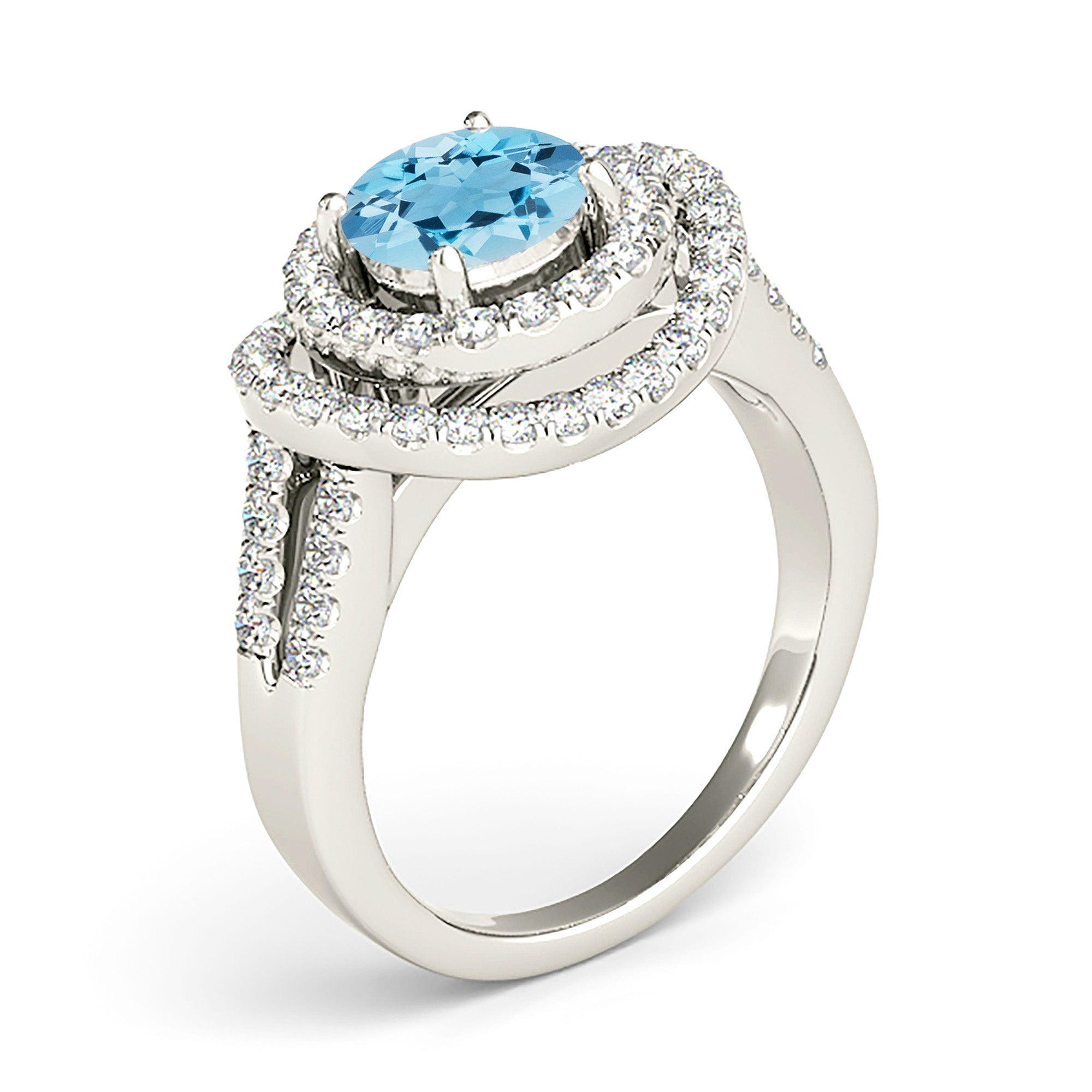 1.10 ct. Genuine Aquamarine Ring with 0.70 ctw. Diamond Double Row Halo And Split Diamond Band | Round Blue Aquamarine Halo Ring-VIRABYANI