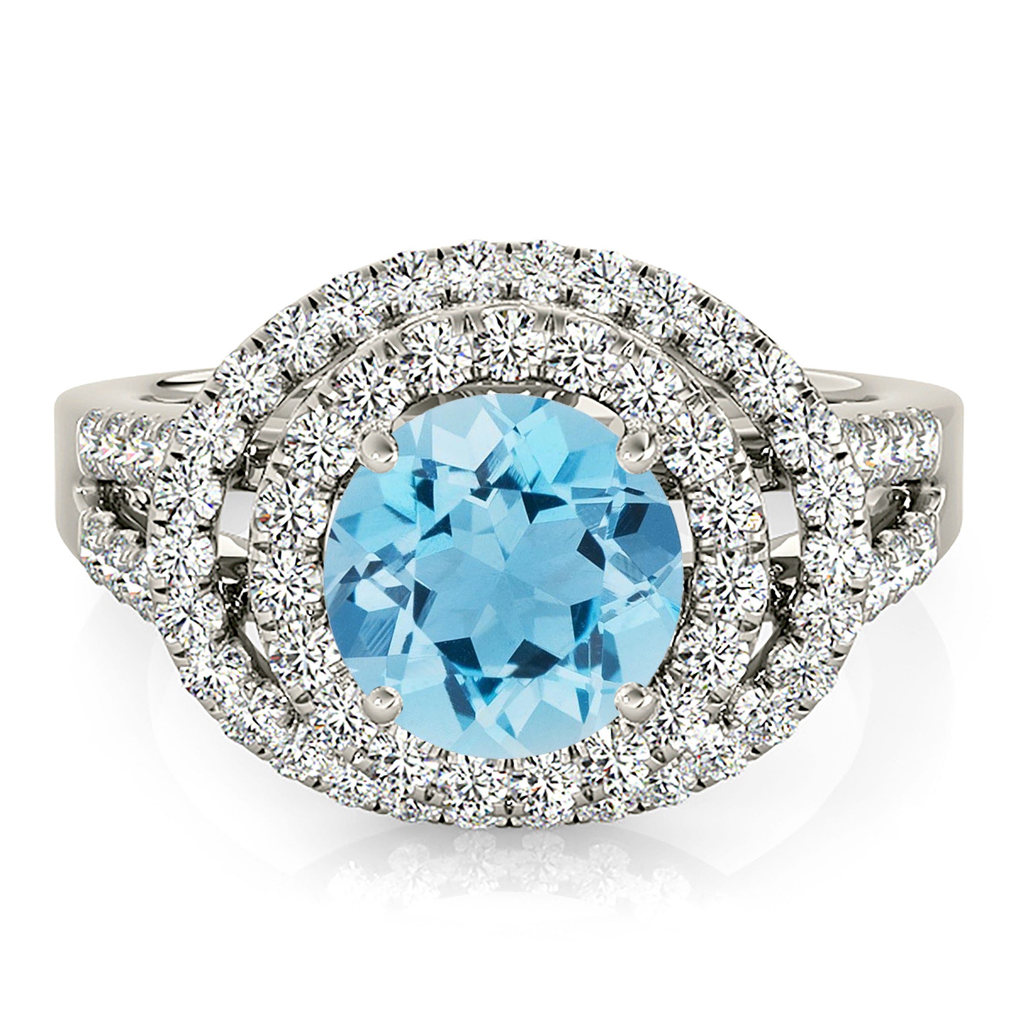 1.10 ct. Genuine Aquamarine Ring with 0.70 ctw. Diamond Double Row Halo And Split Diamond Band | Round Blue Aquamarine Halo Ring-VIRABYANI