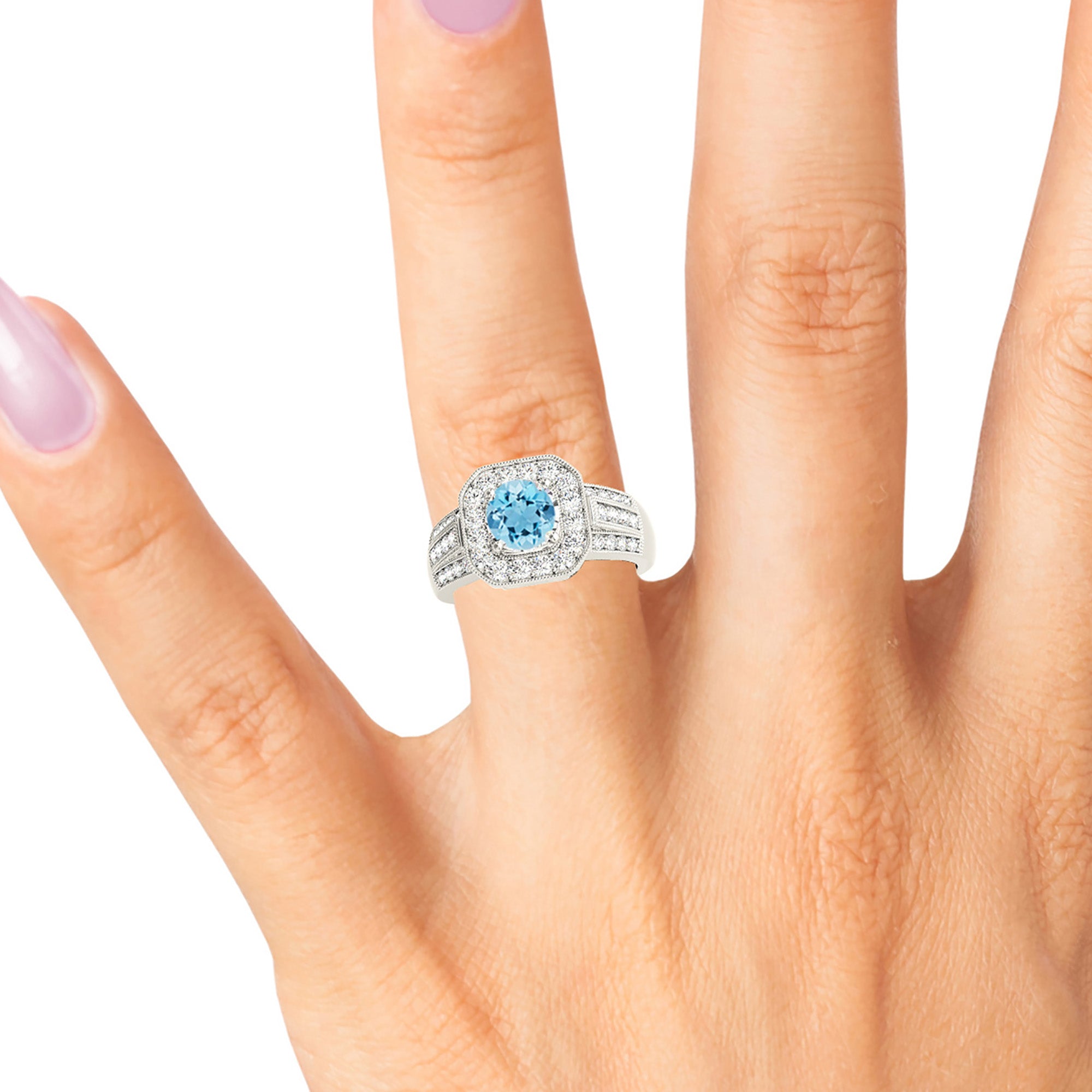 1.10 ct. Genuine Aquamarine Ring With 0.60 ctw. Diamond Halo And Triple row Diamond Solid Gold band | Round Blue Aquamarine Halo Ring-in 14K/18K White, Yellow, Rose Gold and Platinum - Christmas Jewelry Gift -VIRABYANI