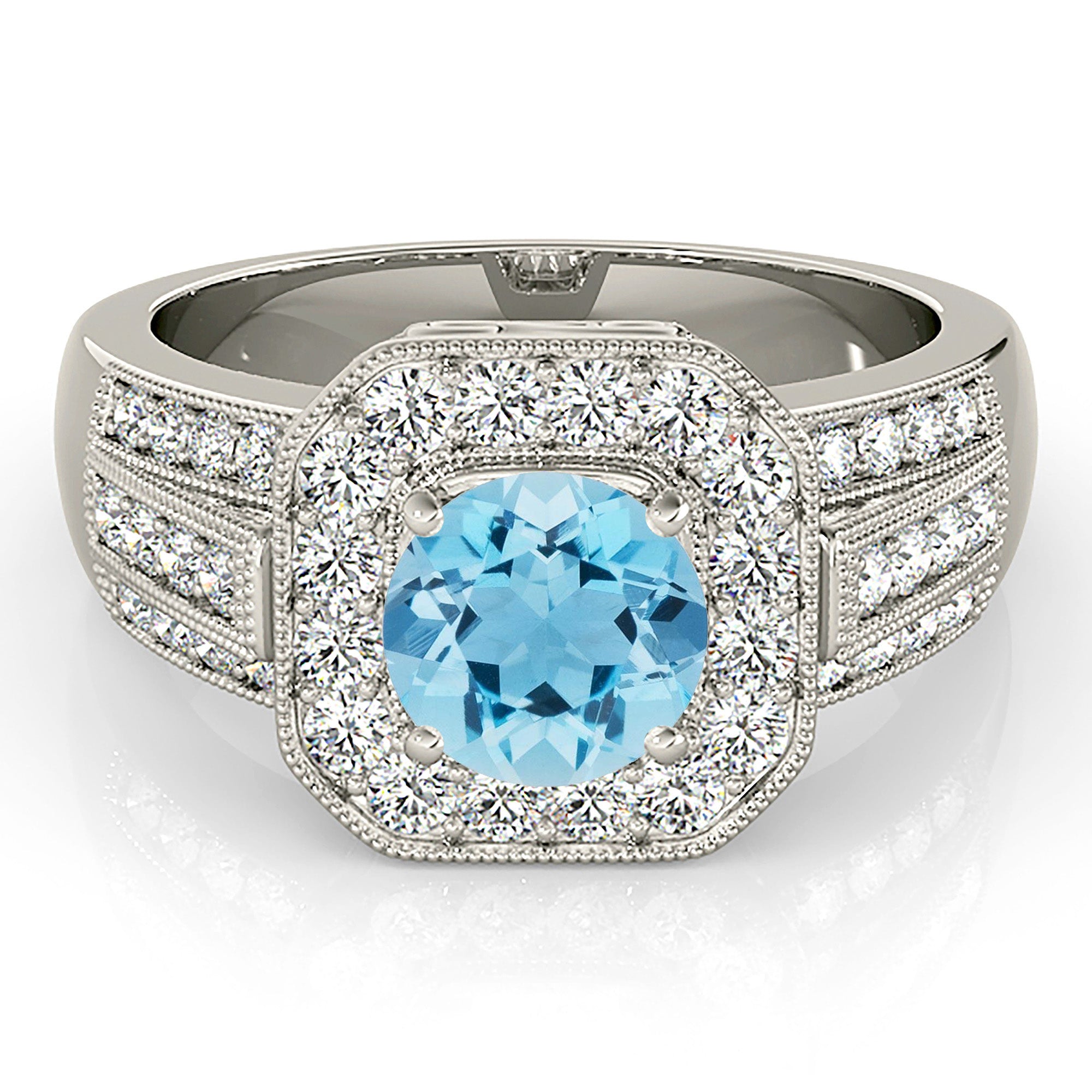 1.10 ct. Genuine Aquamarine Ring With 0.60 ctw. Diamond Halo And Triple row Diamond Solid Gold band | Round Blue Aquamarine Halo Ring-VIRABYANI