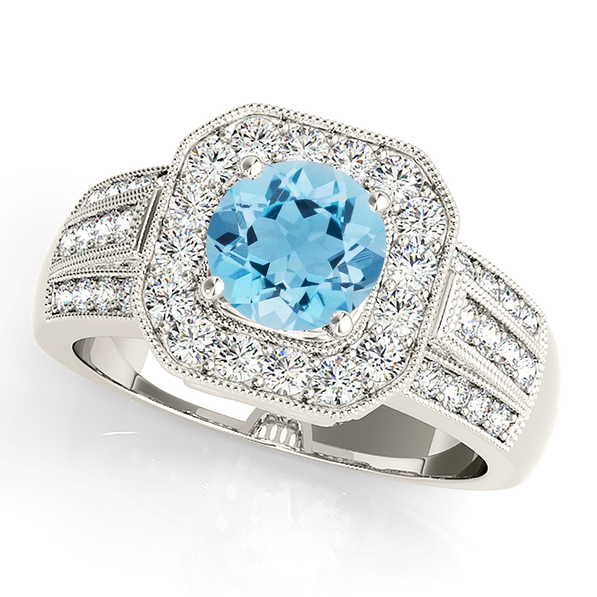 1.10 ct. Genuine Aquamarine Ring With 0.60 ctw. Diamond Halo And Triple row Diamond Solid Gold band | Round Blue Aquamarine Halo Ring-VIRABYANI