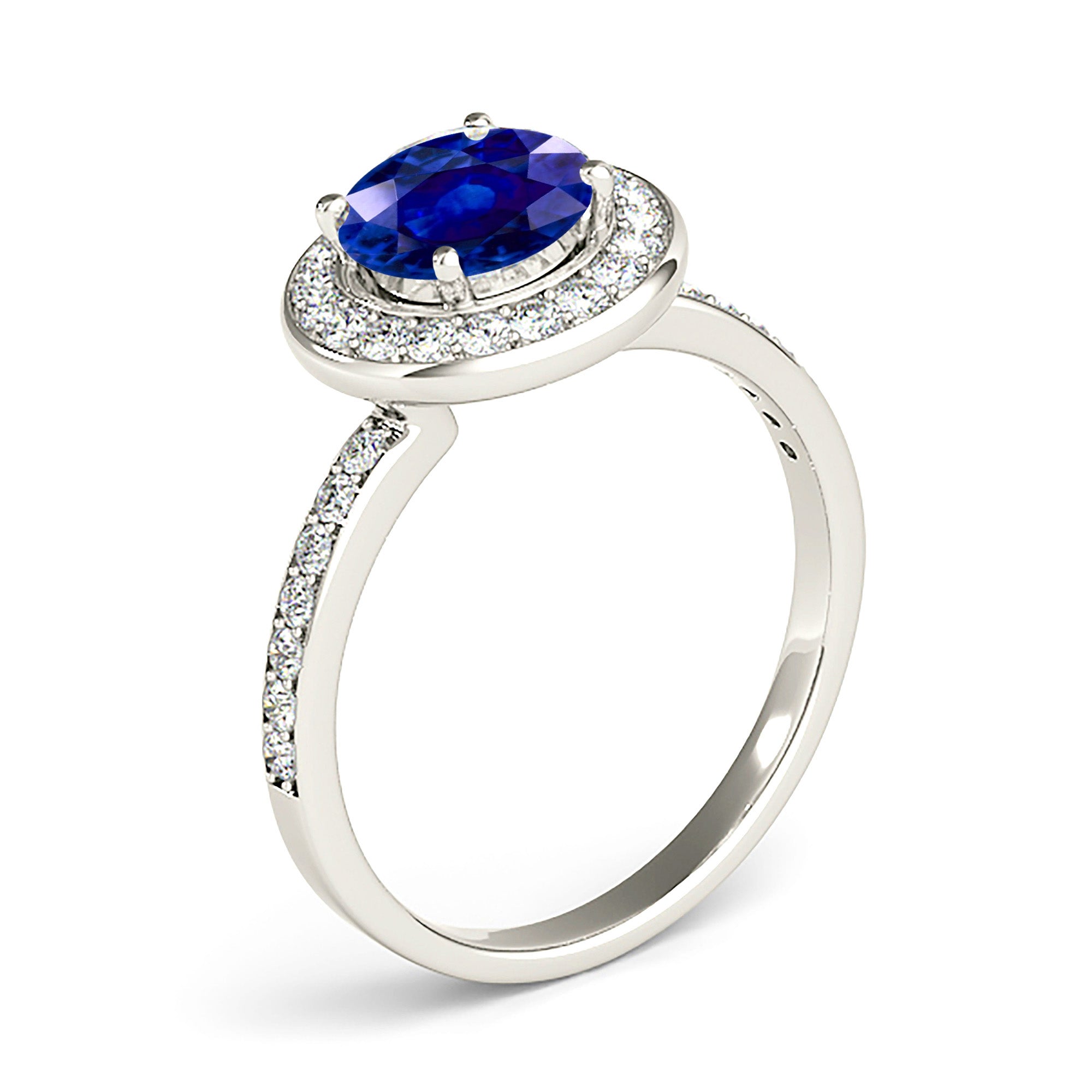 1.46 ct. Genuine Blue Sapphire Halo Ring with 0.35 ctw. Side Diamonds-VIRABYANI