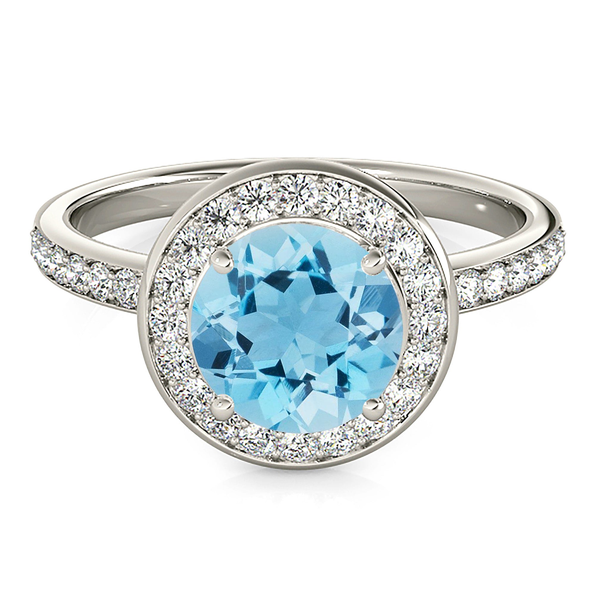 1.63 ct. Genuine Aquamarine Ring With 0.35 ctw. Diamond Halo, Delicate Diamond Band, Invisible Gallery | Round Blue Aquamarine Halo Ring-VIRABYANI