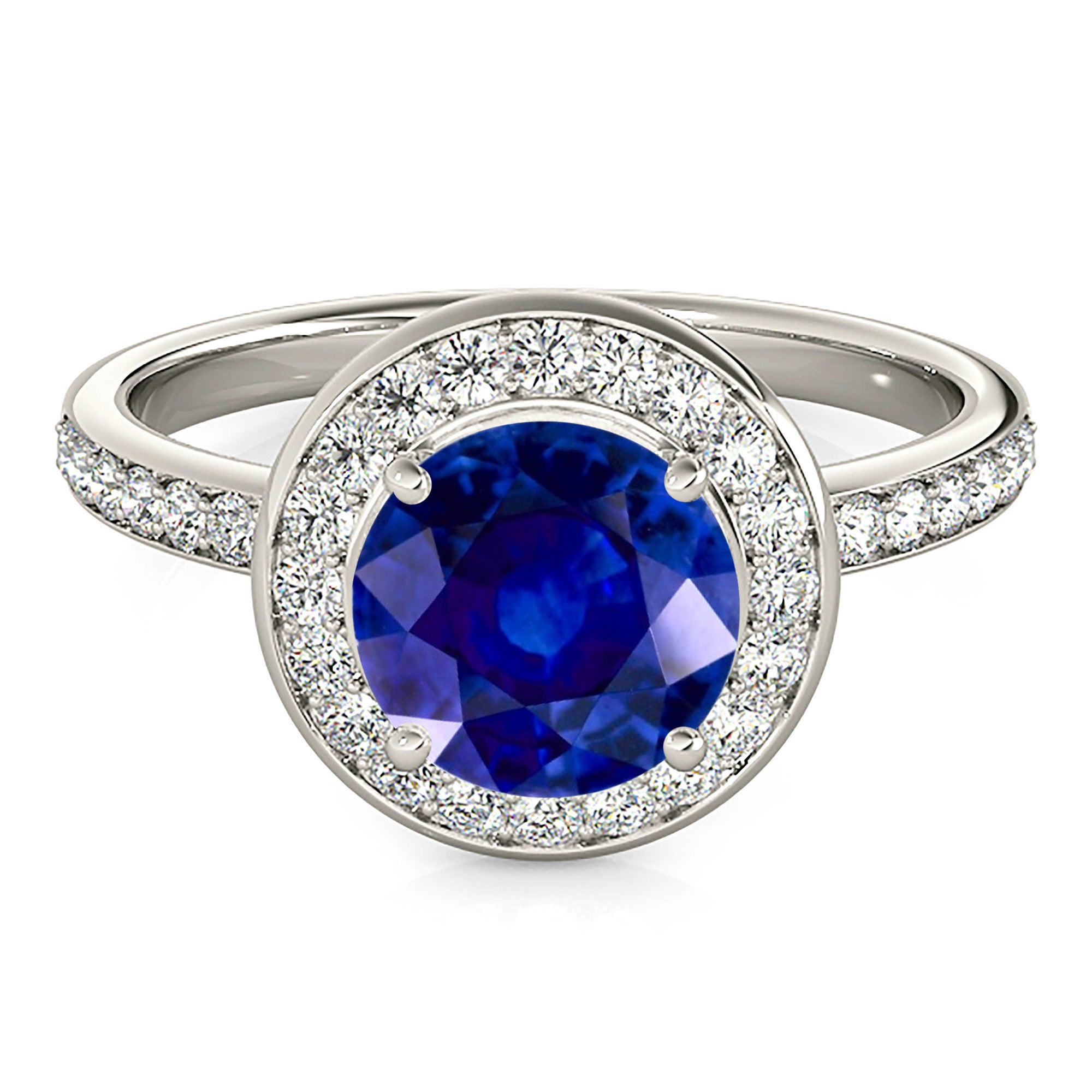 1.46 ct. Genuine Blue Sapphire Halo Ring with 0.35 ctw. Side Diamonds-VIRABYANI
