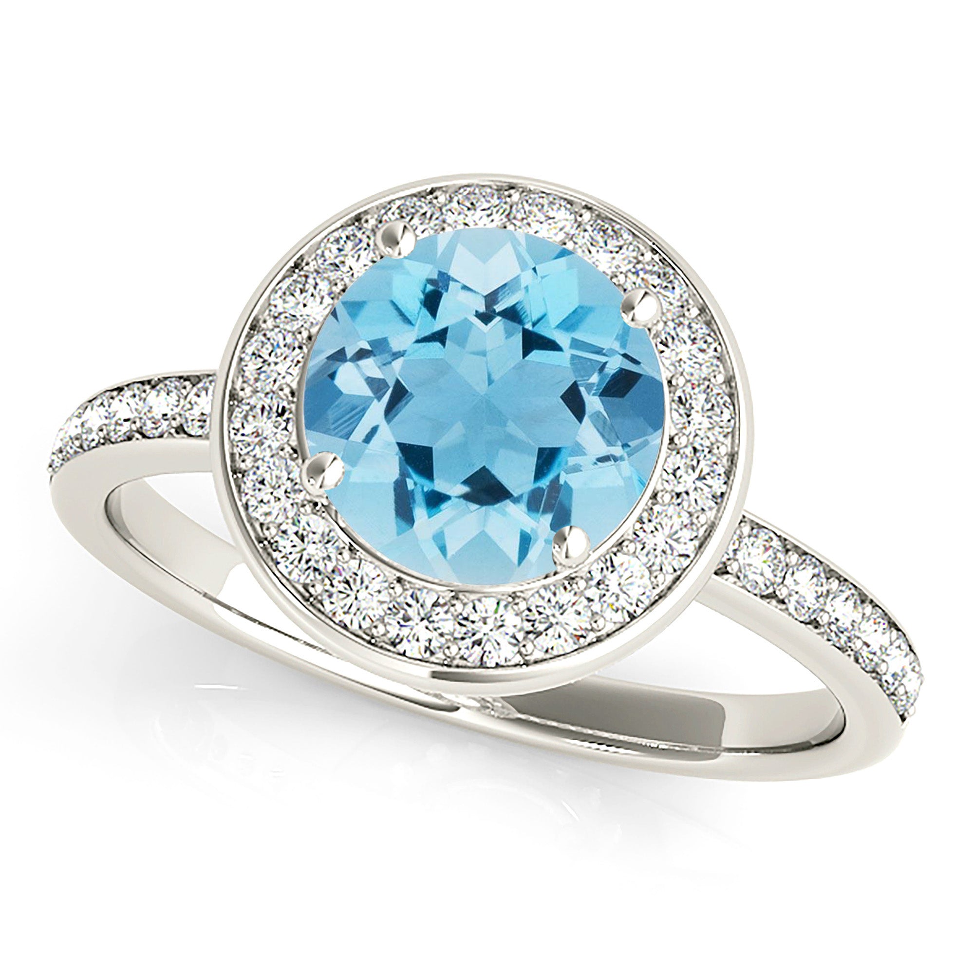 1.63 ct. Genuine Aquamarine Ring With 0.35 ctw. Diamond Halo, Delicate Diamond Band, Invisible Gallery | Round Blue Aquamarine Halo Ring-VIRABYANI
