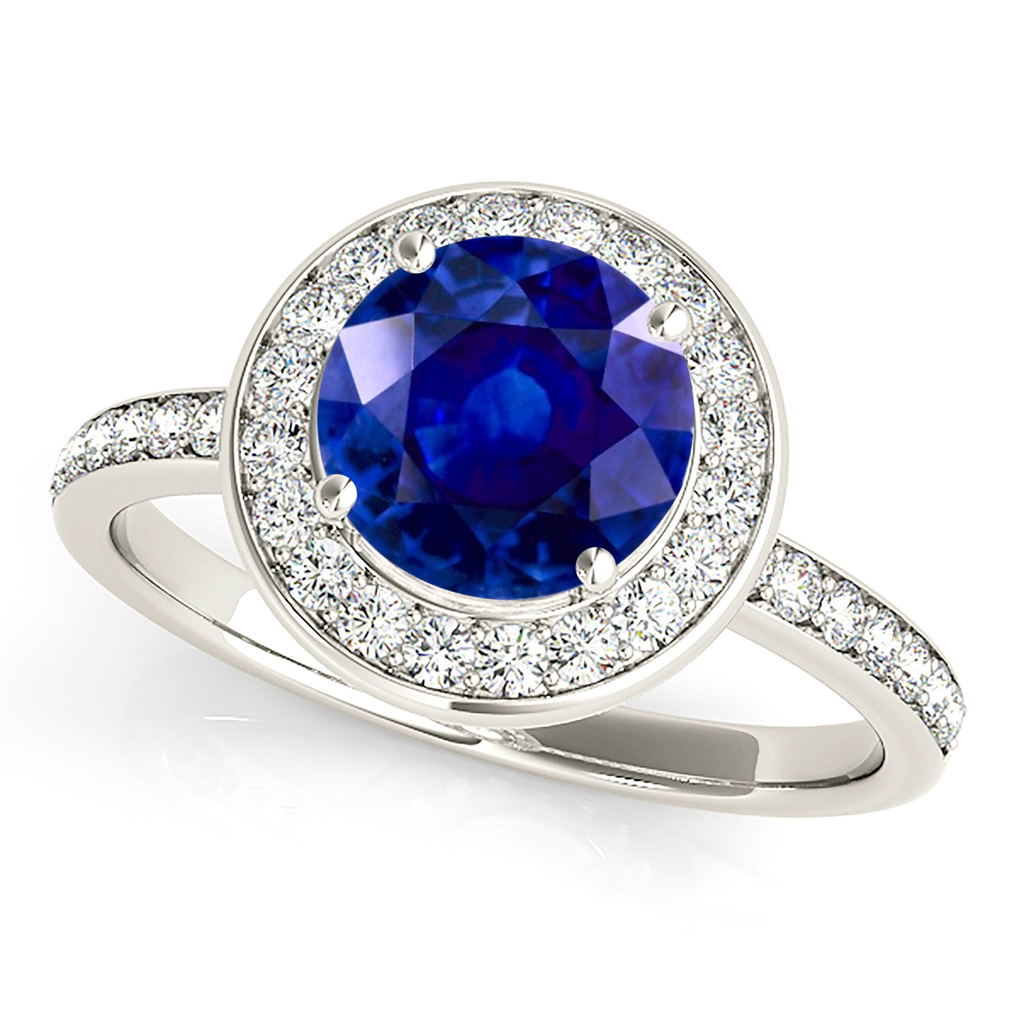 1.46 ct. Genuine Blue Sapphire Halo Ring with 0.35 ctw. Side Diamonds-VIRABYANI