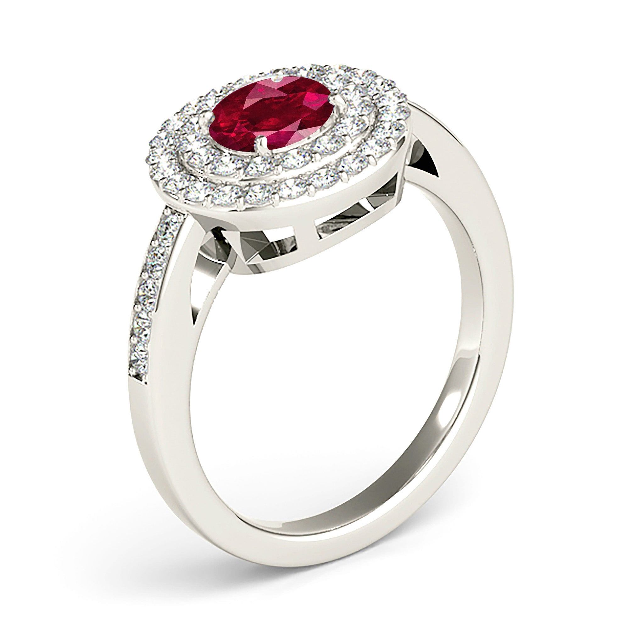 1.35 ct. Genuine Ruby Ring With 0.70 ctw. Diamond Double Row Halo And Delicate Diamond Band-in 14K/18K White, Yellow, Rose Gold and Platinum - Christmas Jewelry Gift -VIRABYANI