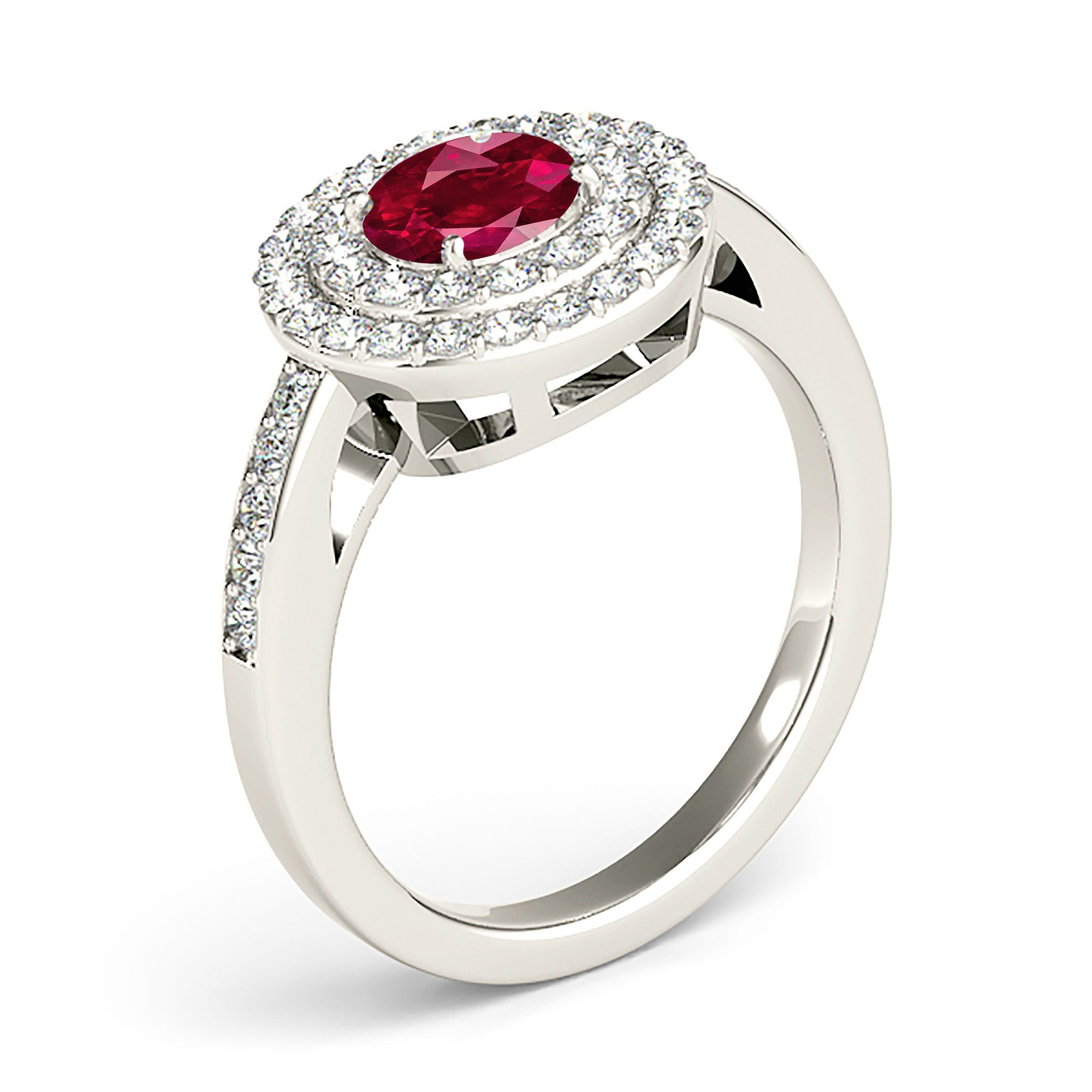 1.35 ct. Genuine Ruby Ring With 0.70 ctw. Diamond Double Row Halo And Delicate Diamond Band-VIRABYANI