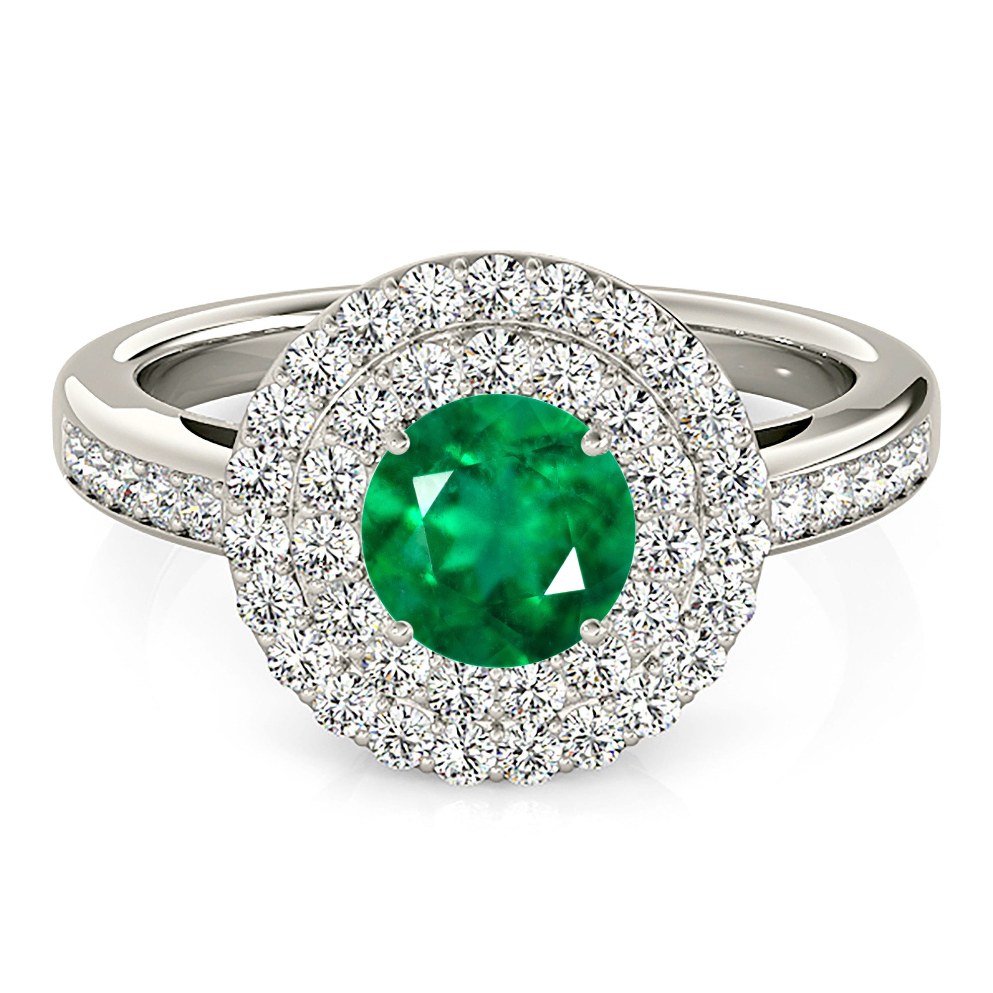 1.14 ct. Genuine Emerald Ring With 0.70 ctw. Diamond Double Halo And Delicate Diamond Band-in 14K/18K White, Yellow, Rose Gold and Platinum - Christmas Jewelry Gift -VIRABYANI