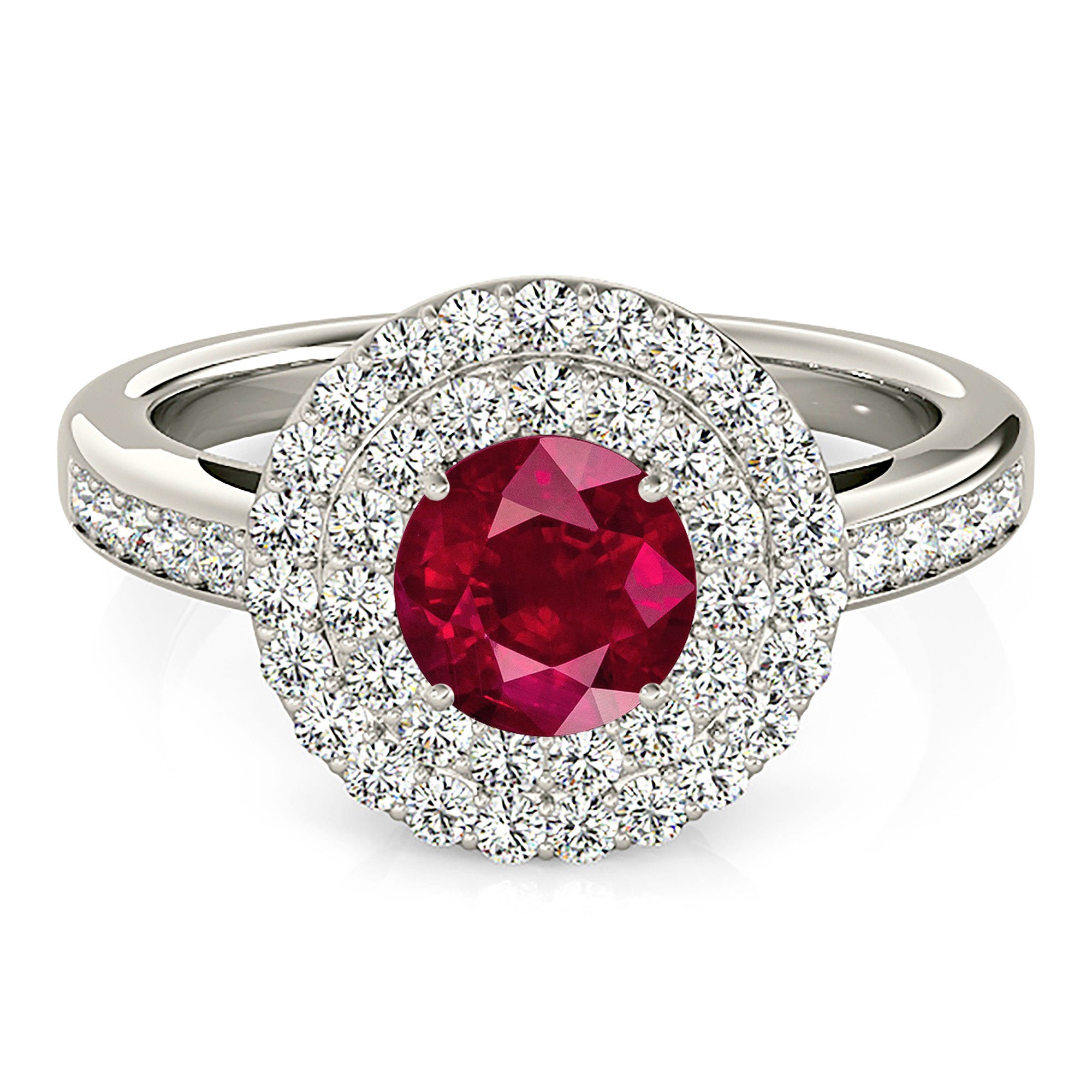 1.35 ct. Genuine Ruby Ring With 0.70 ctw. Diamond Double Row Halo And Delicate Diamond Band-VIRABYANI