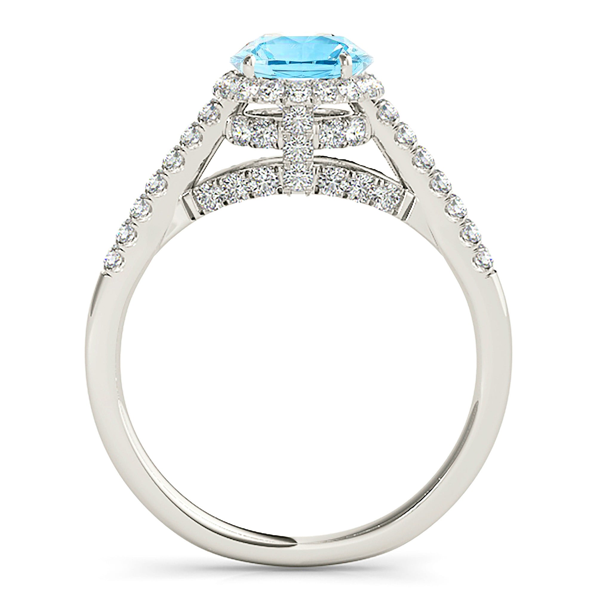 1.10 ct. Genuine Aquamarine Ring With 0.40 ctw. Diamond Halo and Band, Fancy Diamond Bridge Underneath | Round Blue Aquamarine Halo Ring-VIRABYANI