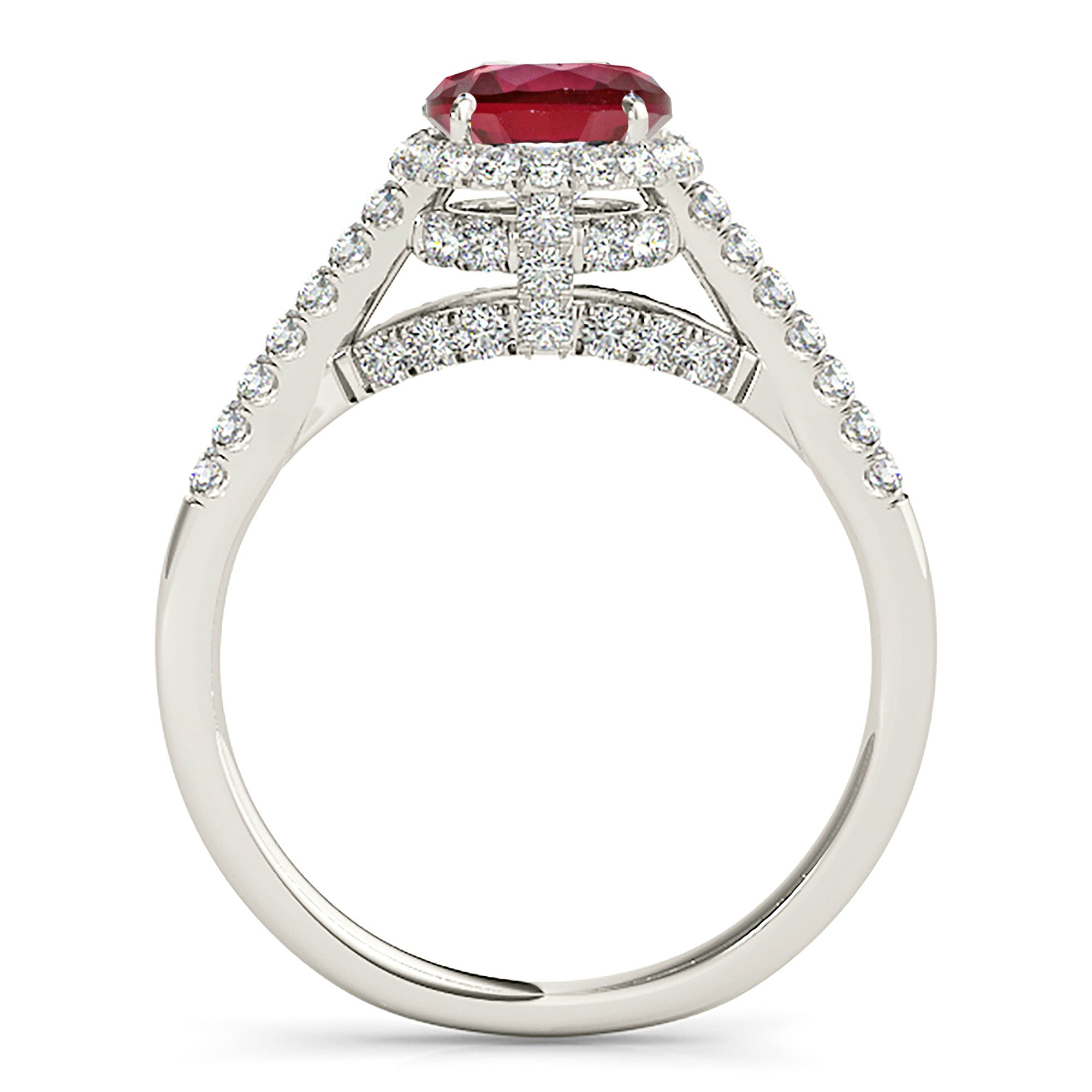 1.35 ct. Genuine Ruby Ring With 0.40 ctw. Diamond Double Halo And Dainty diamond Band, Diamond Bridge-VIRABYANI