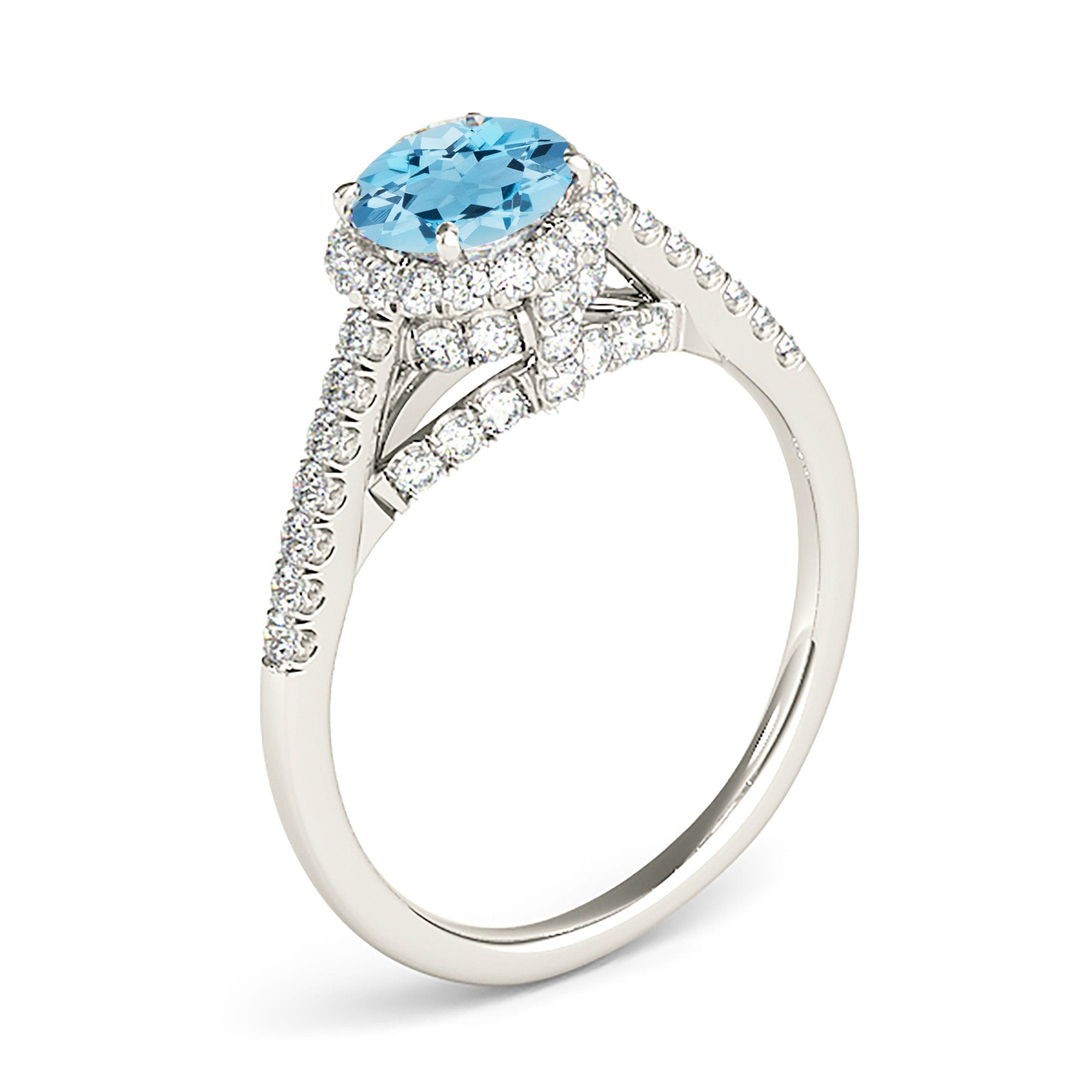 1.10 ct. Genuine Aquamarine Ring With 0.40 ctw. Diamond Halo and Band, Fancy Diamond Bridge Underneath | Round Blue Aquamarine Halo Ring-in 14K/18K White, Yellow, Rose Gold and Platinum - Christmas Jewelry Gift -VIRABYANI
