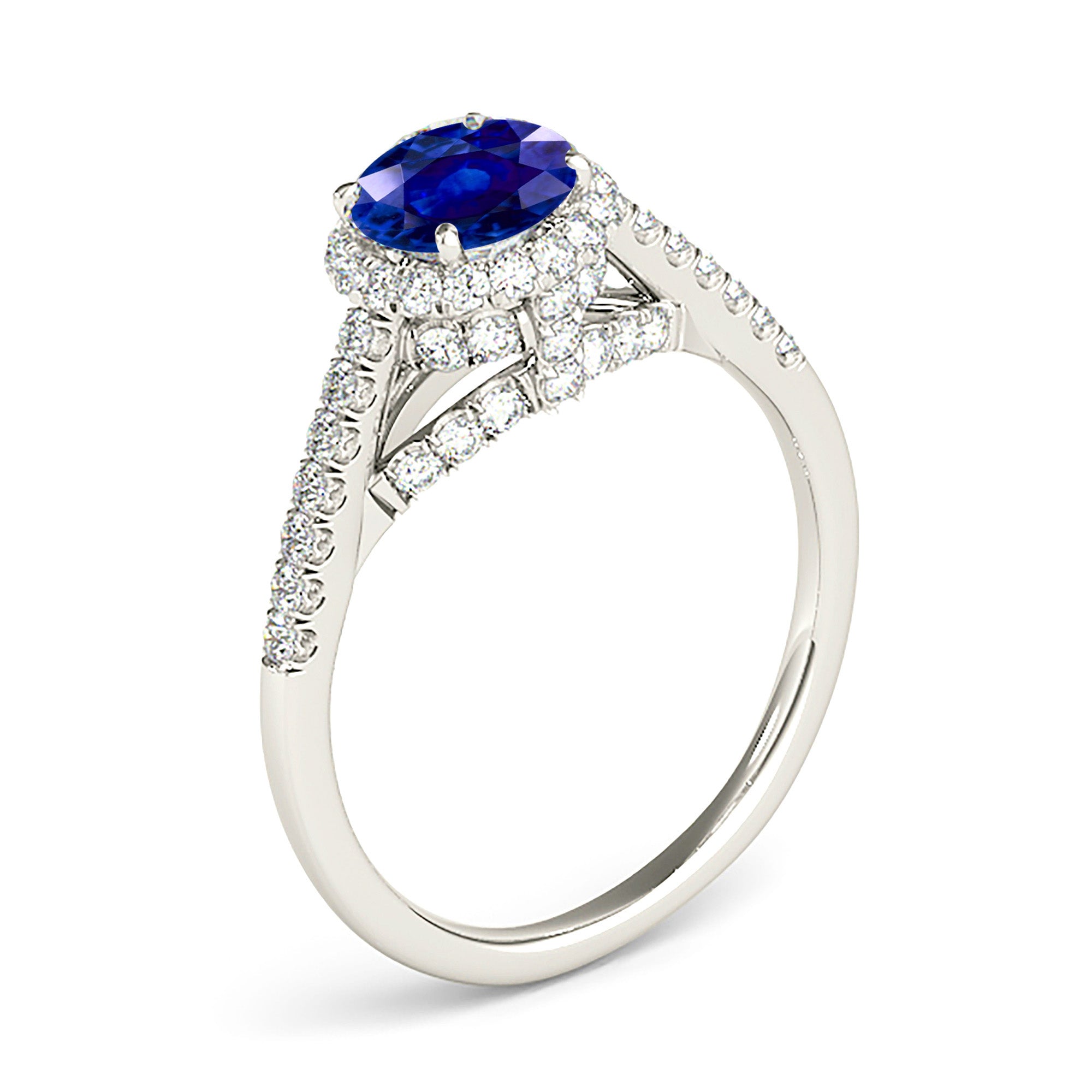 1.35 ct. Genuine Blue Sapphire Halo Ring With 0.40 ctw. Side and Accent Diamonds-VIRABYANI
