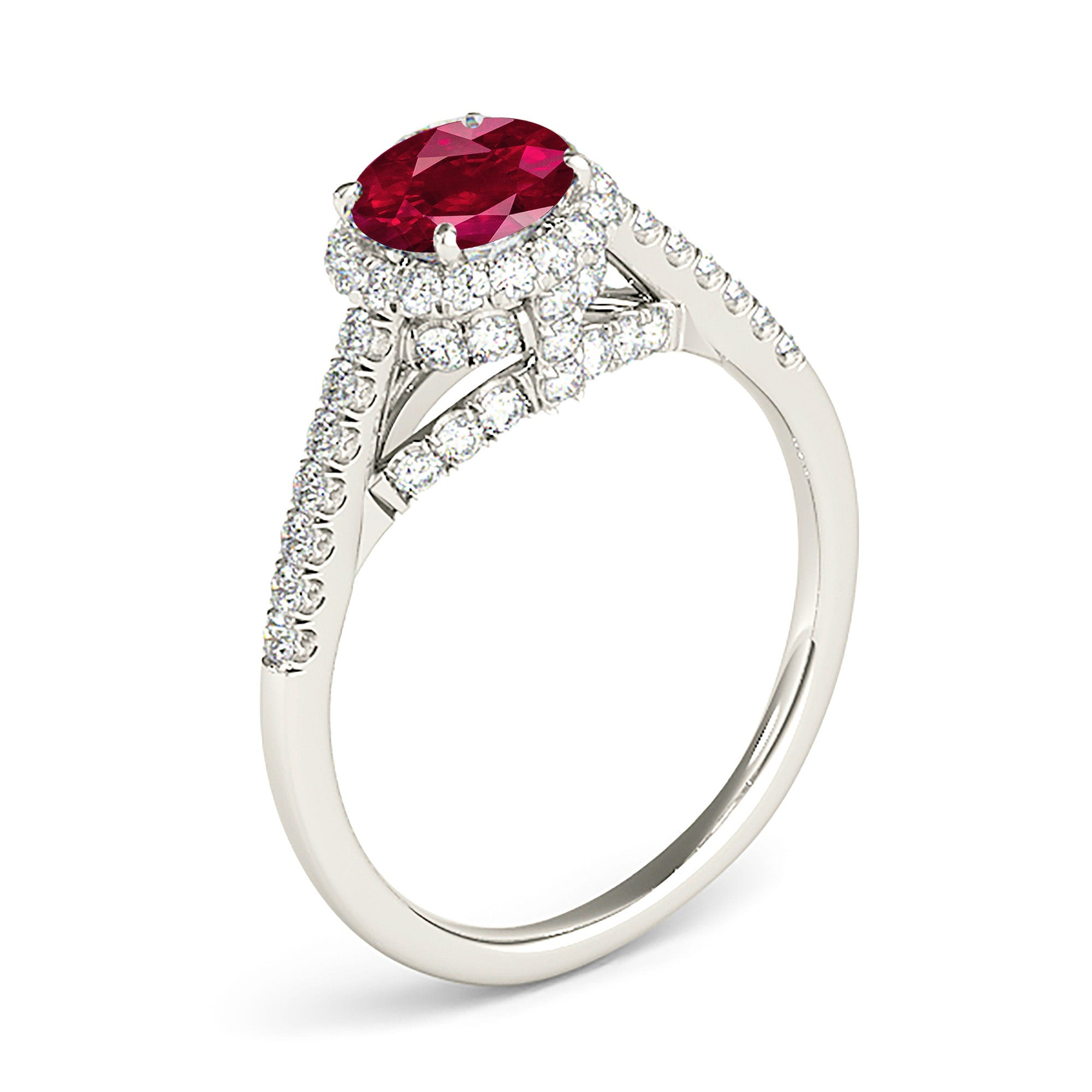 1.35 ct. Genuine Ruby Ring With 0.40 ctw. Diamond Double Halo And Dainty diamond Band, Diamond Bridge-VIRABYANI