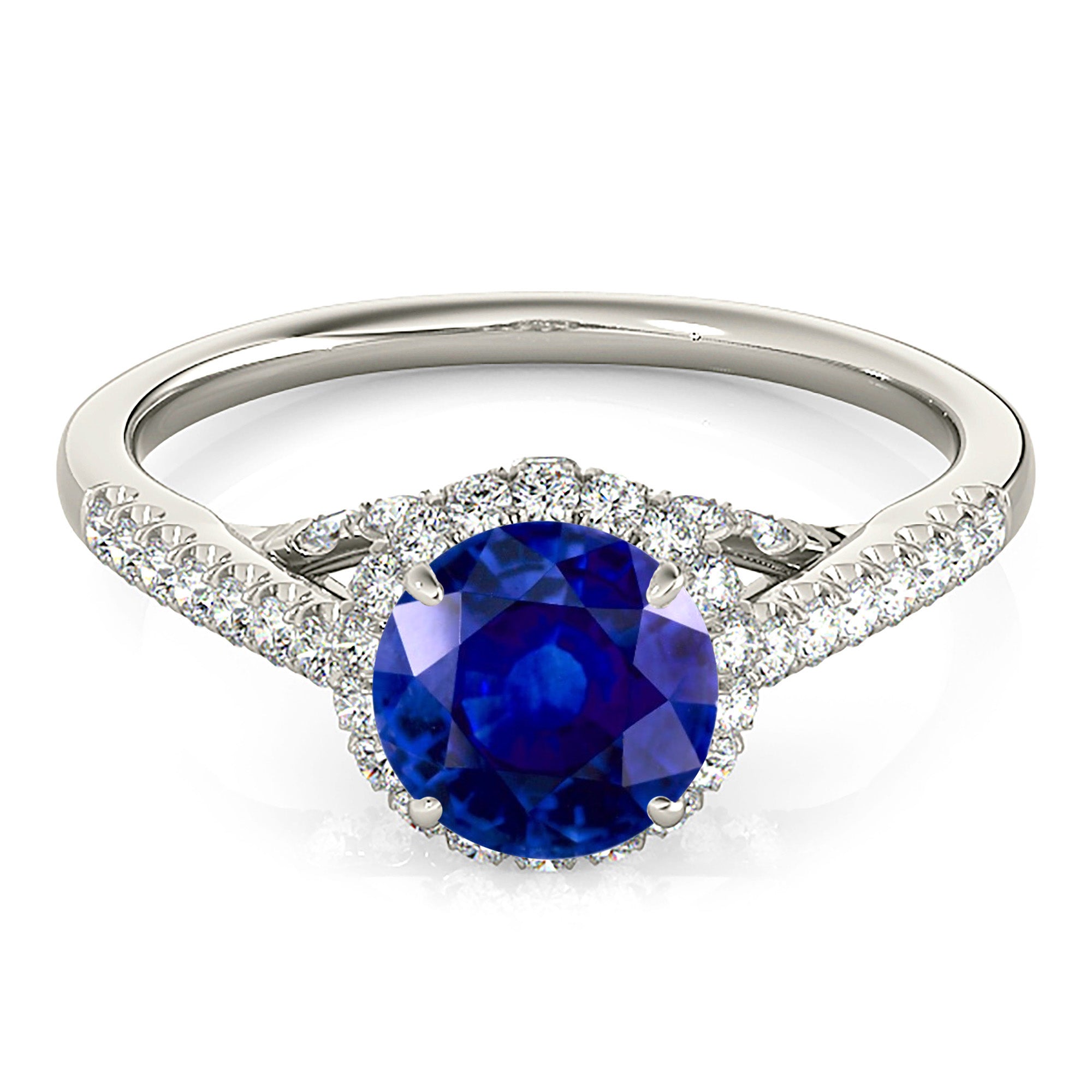 1.35 ct. Genuine Blue Sapphire Halo Ring With 0.40 ctw. Side and Accent Diamonds-VIRABYANI