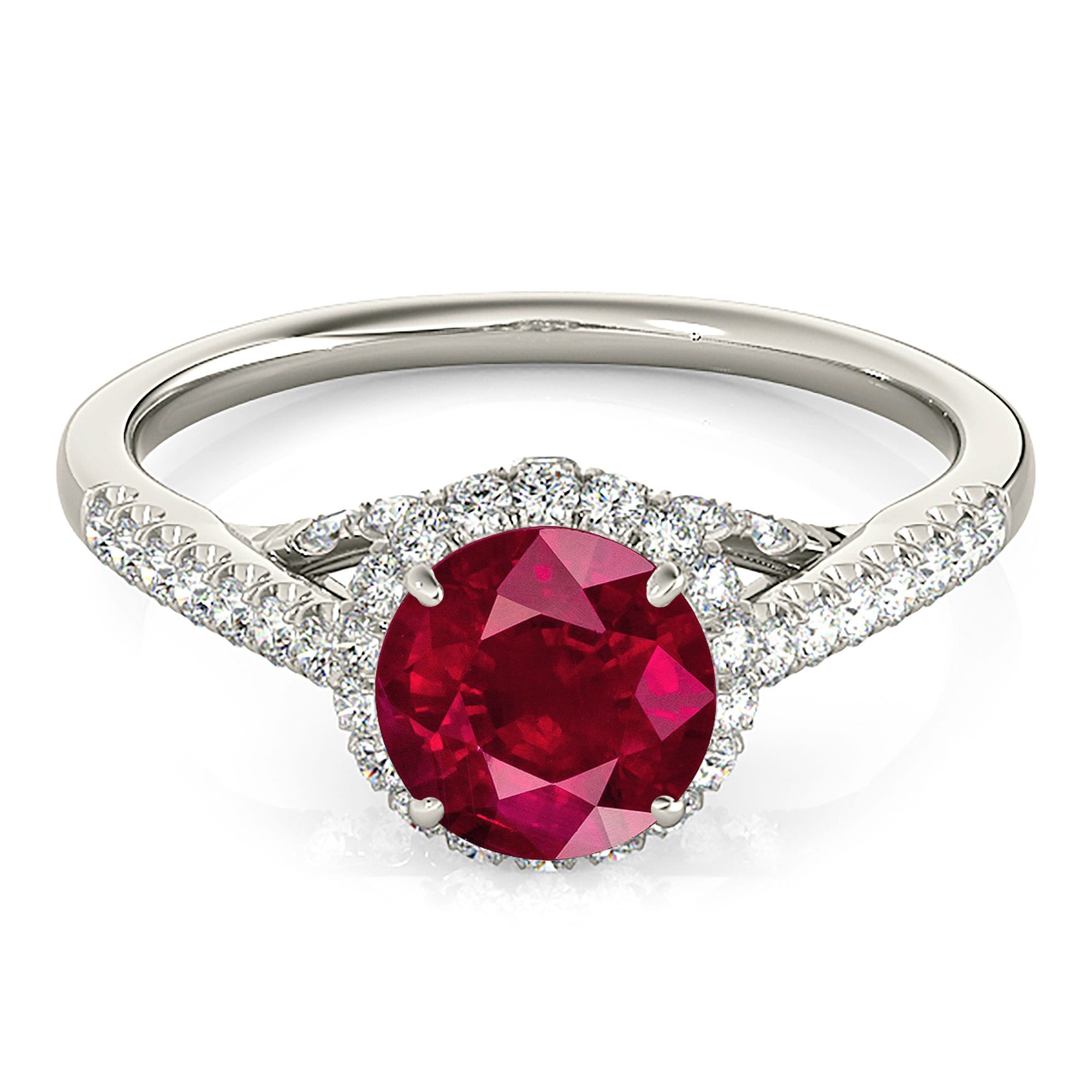 1.35 ct. Genuine Ruby Ring With 0.40 ctw. Diamond Double Halo And Dainty diamond Band, Diamond Bridge-VIRABYANI
